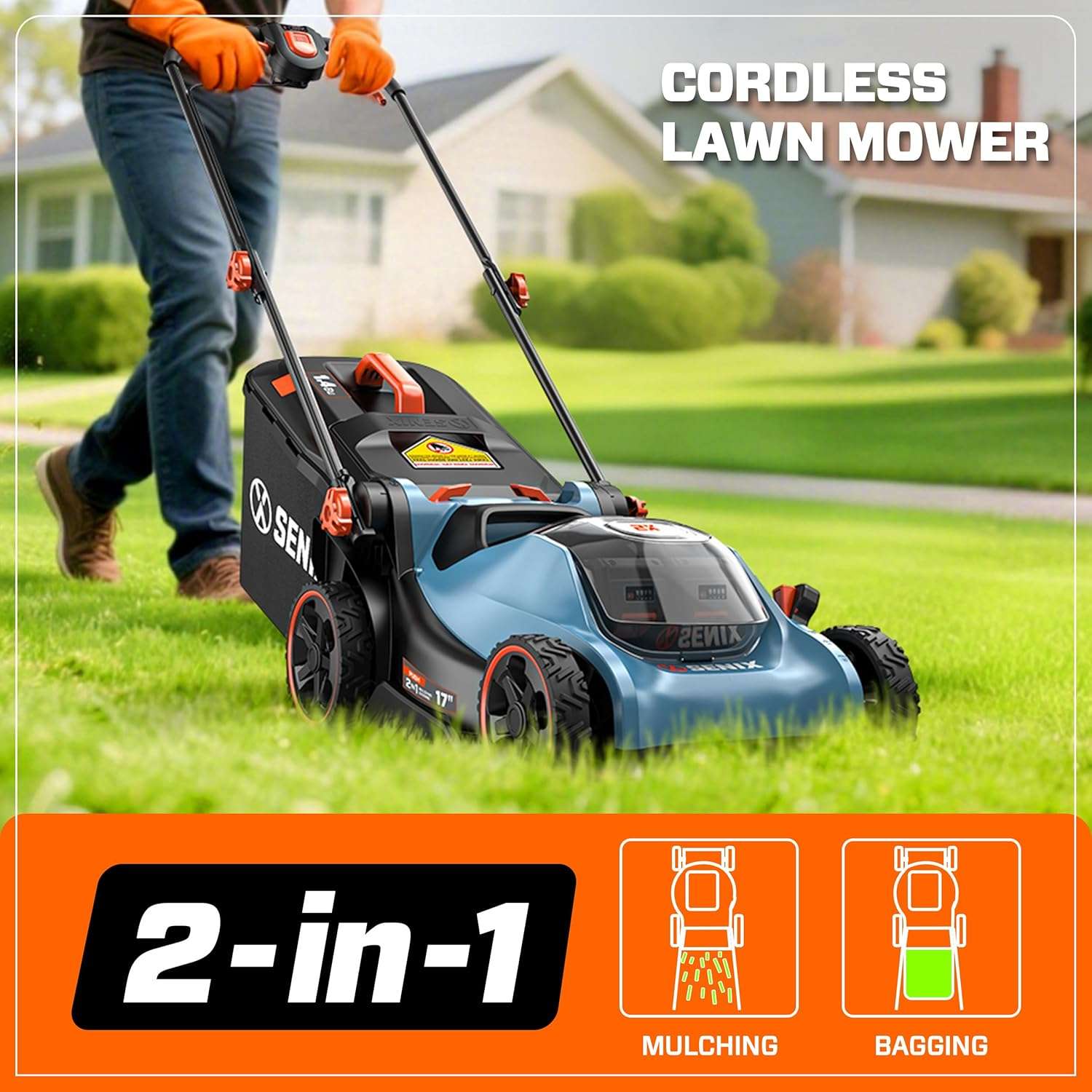 SENIX 40V 17 Electric Lawn Mower, Battery Powered Cordless Lawnmower, 2-in-1 Brushless Walk-Behind Push Mowers, 6 Heights Adjustment, cortadora de pasto, Includes 2x5Ah Batteries & Charger - 4