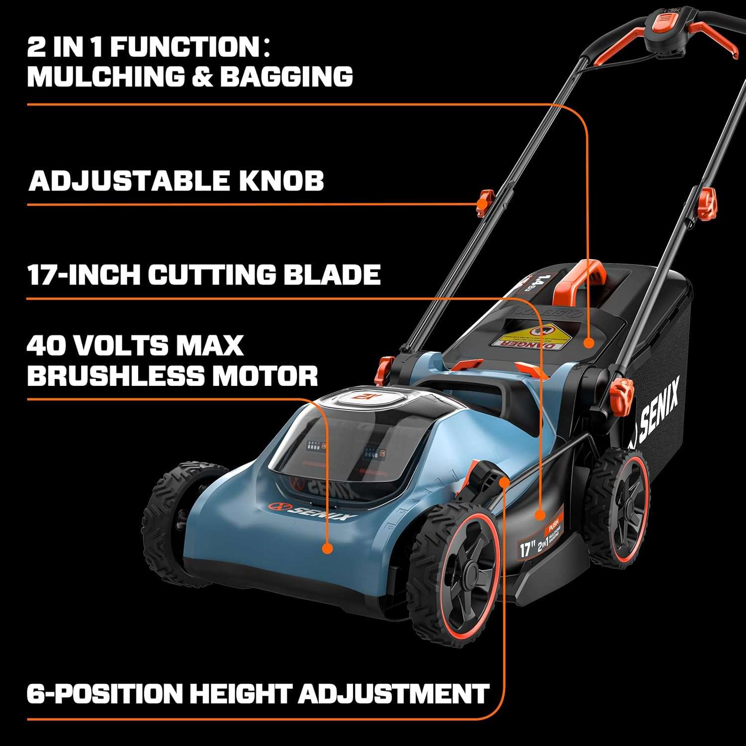 SENIX 40V 17 Electric Lawn Mower, Battery Powered Cordless Lawnmower, 2-in-1 Brushless Walk-Behind Push Mowers, 6 Heights Adjustment, cortadora de pasto, Includes 2x5Ah Batteries & Charger - 6