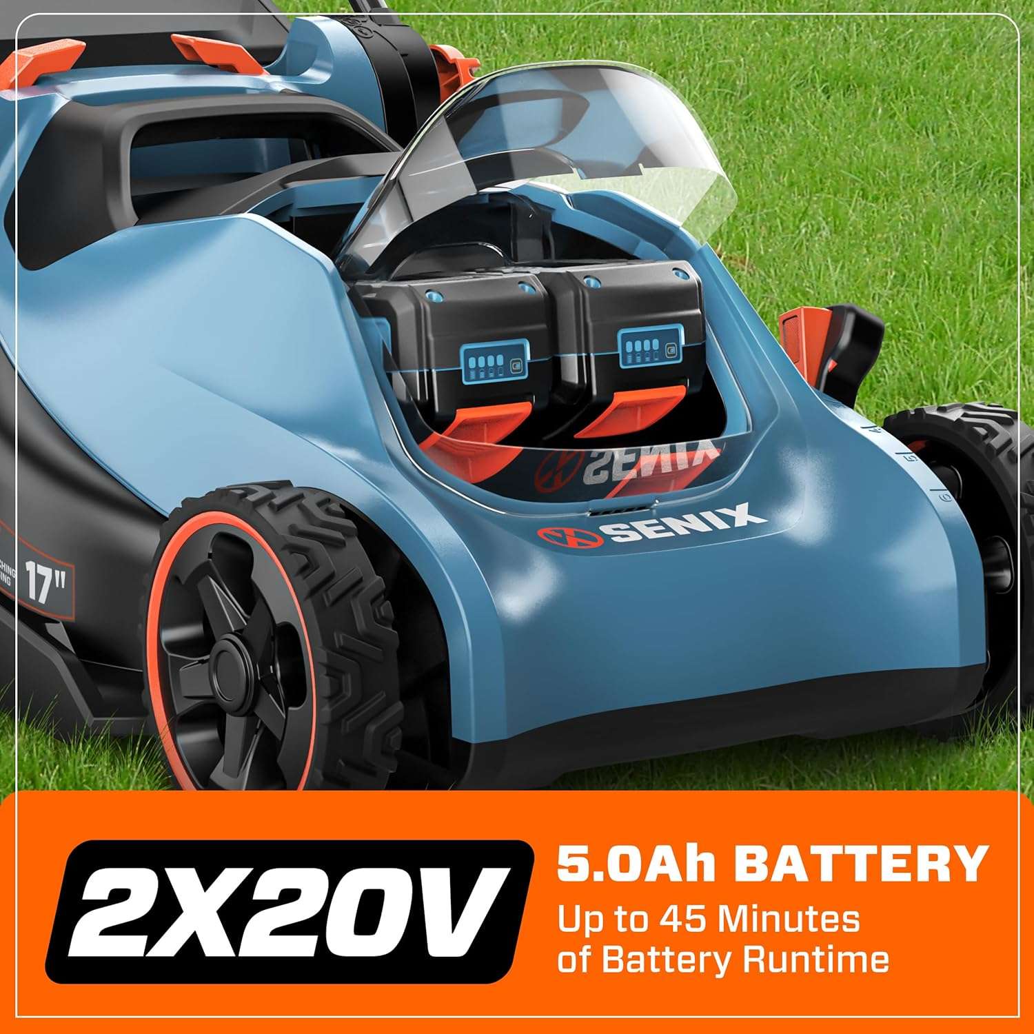 SENIX 40V 17 Electric Lawn Mower, Battery Powered Cordless Lawnmower, 2-in-1 Brushless Walk-Behind Push Mowers, 6 Heights Adjustment, cortadora de pasto, Includes 2x5Ah Batteries & Charger - 7