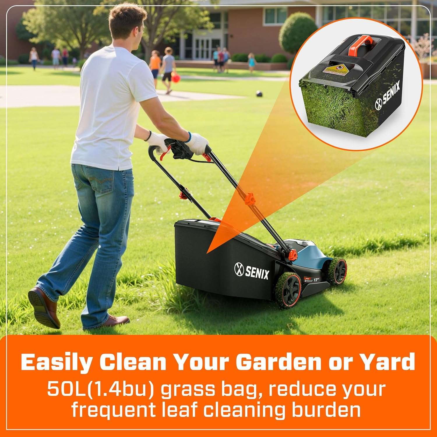 SENIX 40V 17 Electric Lawn Mower, Battery Powered Cordless Lawnmower, 2-in-1 Brushless Walk-Behind Push Mowers, 6 Heights Adjustment, cortadora de pasto, Includes 2x5Ah Batteries & Charger - 8