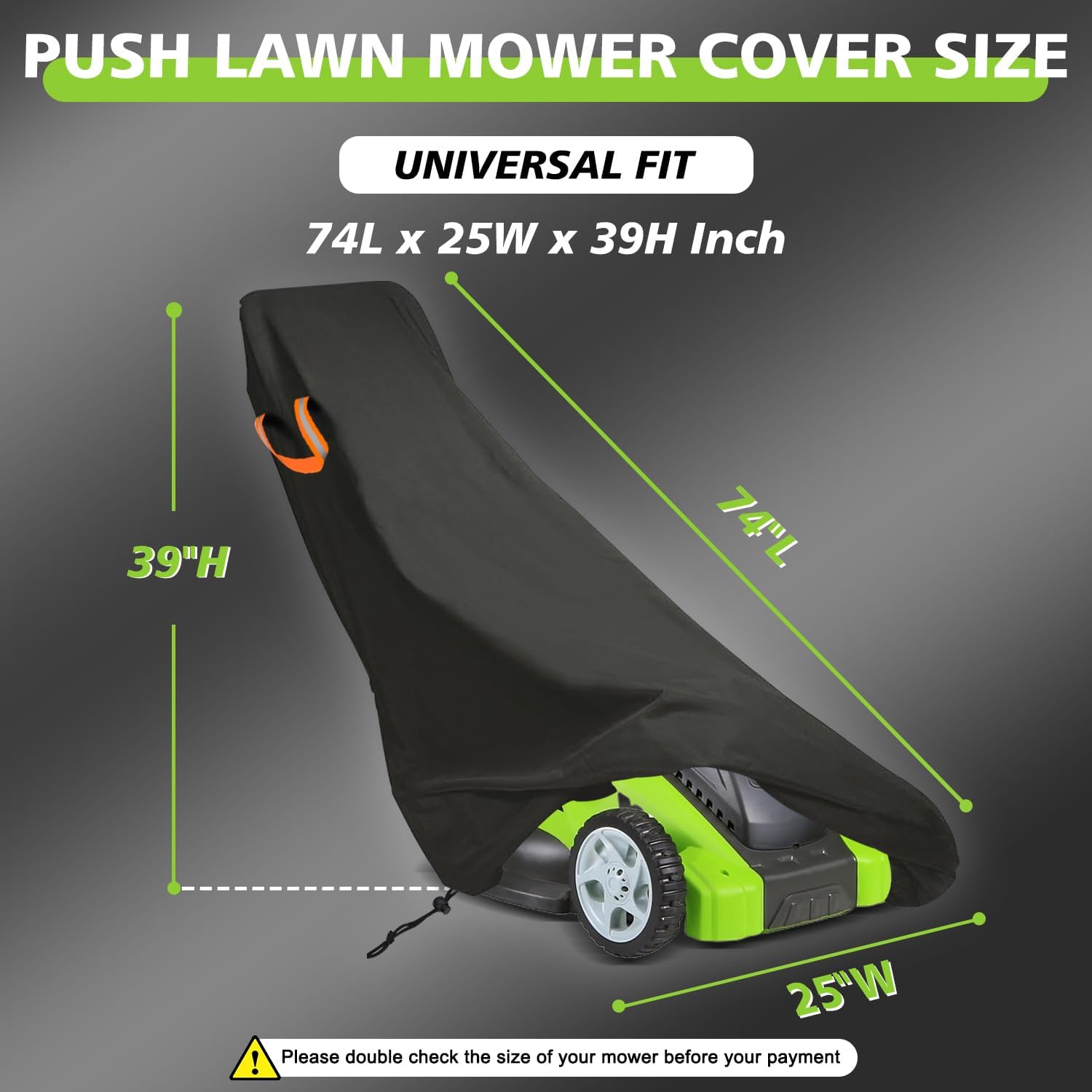 ClawsCover Push Lawn Mower Cover Waterproof Outdoor,Durable 210D Polyester Oxford,Anti-UV Weatherproof Walk Behind Lawnmower Storage Covers Shed, with Reflective Handles,Drawstring-74x25x39 Inch - 2