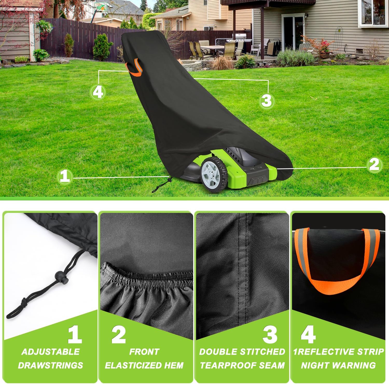 ClawsCover Push Lawn Mower Cover Waterproof Outdoor,Durable 210D Polyester Oxford,Anti-UV Weatherproof Walk Behind Lawnmower Storage Covers Shed, with Reflective Handles,Drawstring-74x25x39 Inch - 3