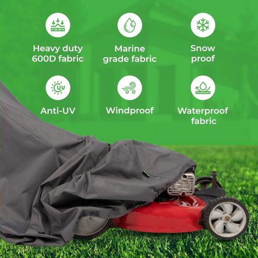 Heavy Duty Lawn Mower Cover - Outdoor All Weather Waterproof-UV Protected Tear Resistant Fabric - Secure Closure with Drawcord Locking System - Universal Fit for Push-Gas & Electric Mower - Size Large - 9