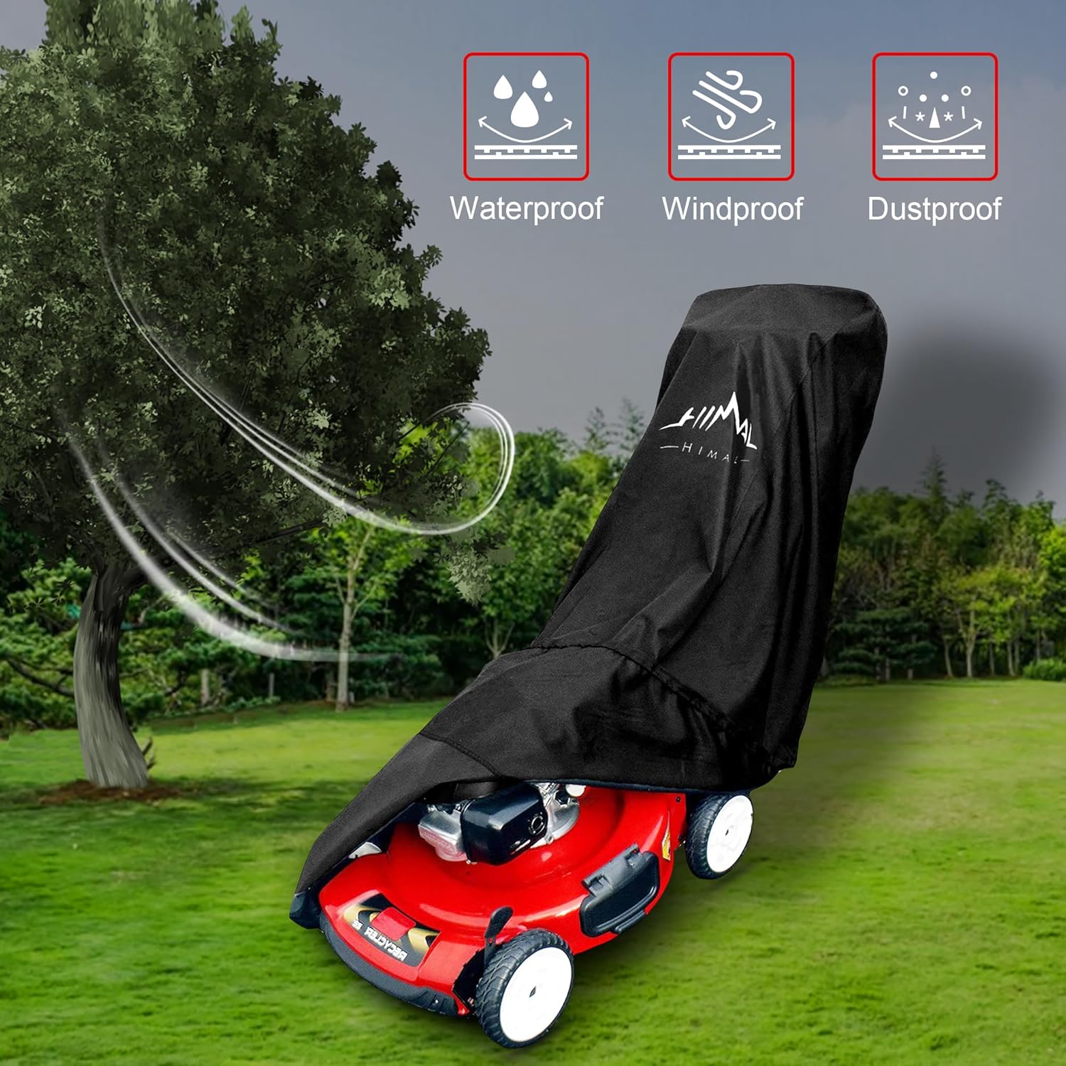 Himal Outdoors Lawn Mower Cover - Heavy Duty 600D Polyester Oxford Waterproof, UV Protection Universal Fit with Drawstring & Cover Storage Bag，Black - 3