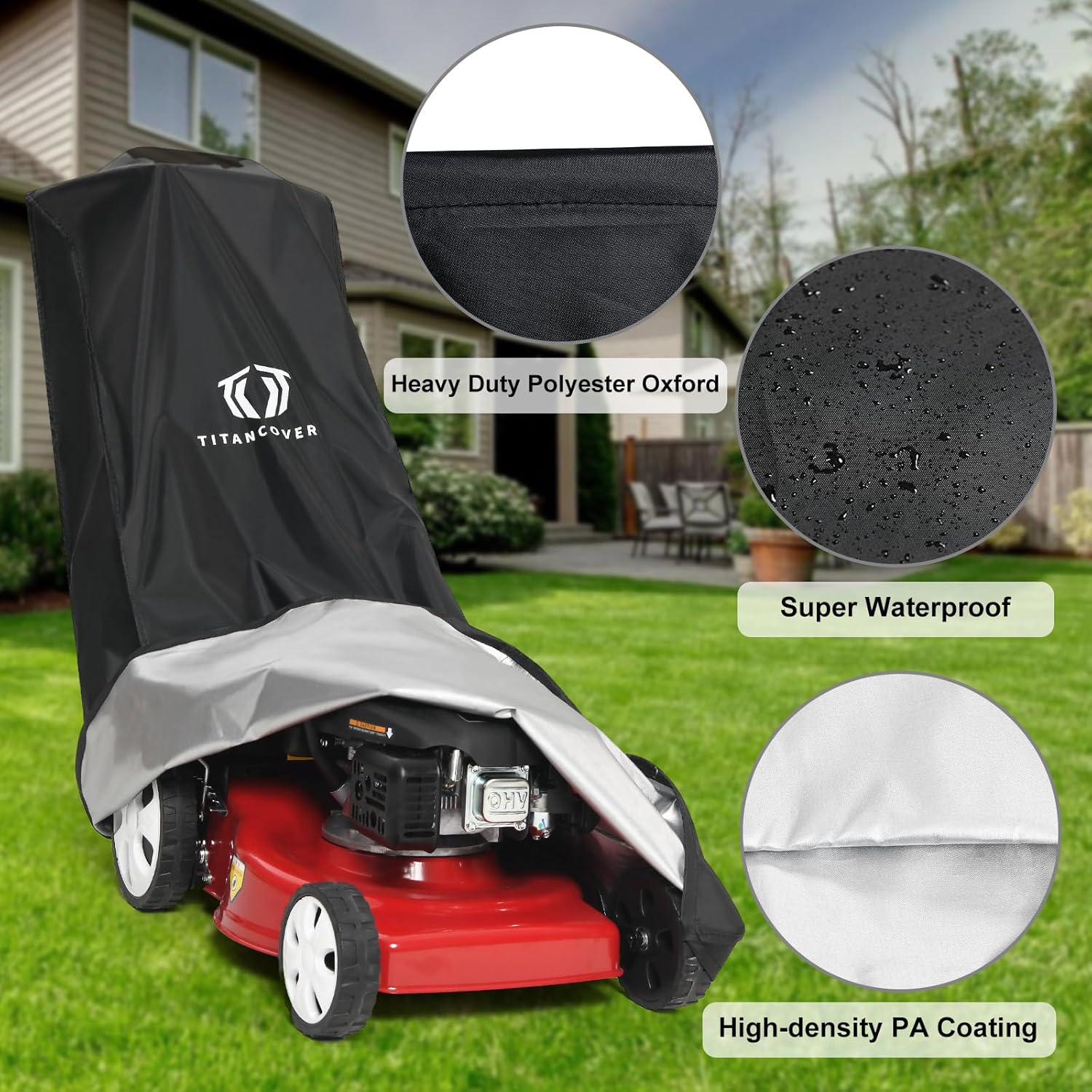 Lawn Mower Cover with PA Coating & Double Drawstring & Storage Bag, Heavy Duty 600D Polyester Oxford Push Mower Cover, Waterproof Lawnmower Covers for Outdoor - 4