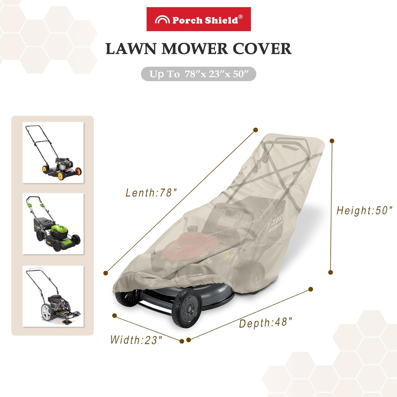 Porch Shield Lawn Mower Cover, Lawnmower Storage, Water Resistant, Universal Fitting, Full Protection Up to 22 Inches Wide (Light Tan) - 2