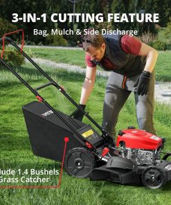 21-Inch 3-in-1 Gas Push Lawn Mower with 144cc 4-Stroke OHV Engine, 6-Position Adjustable Cutting Height, Large 1.4 Bushel Grass Catcher, Side Discharge & Mulching, Lightweight Easy Storage - 2