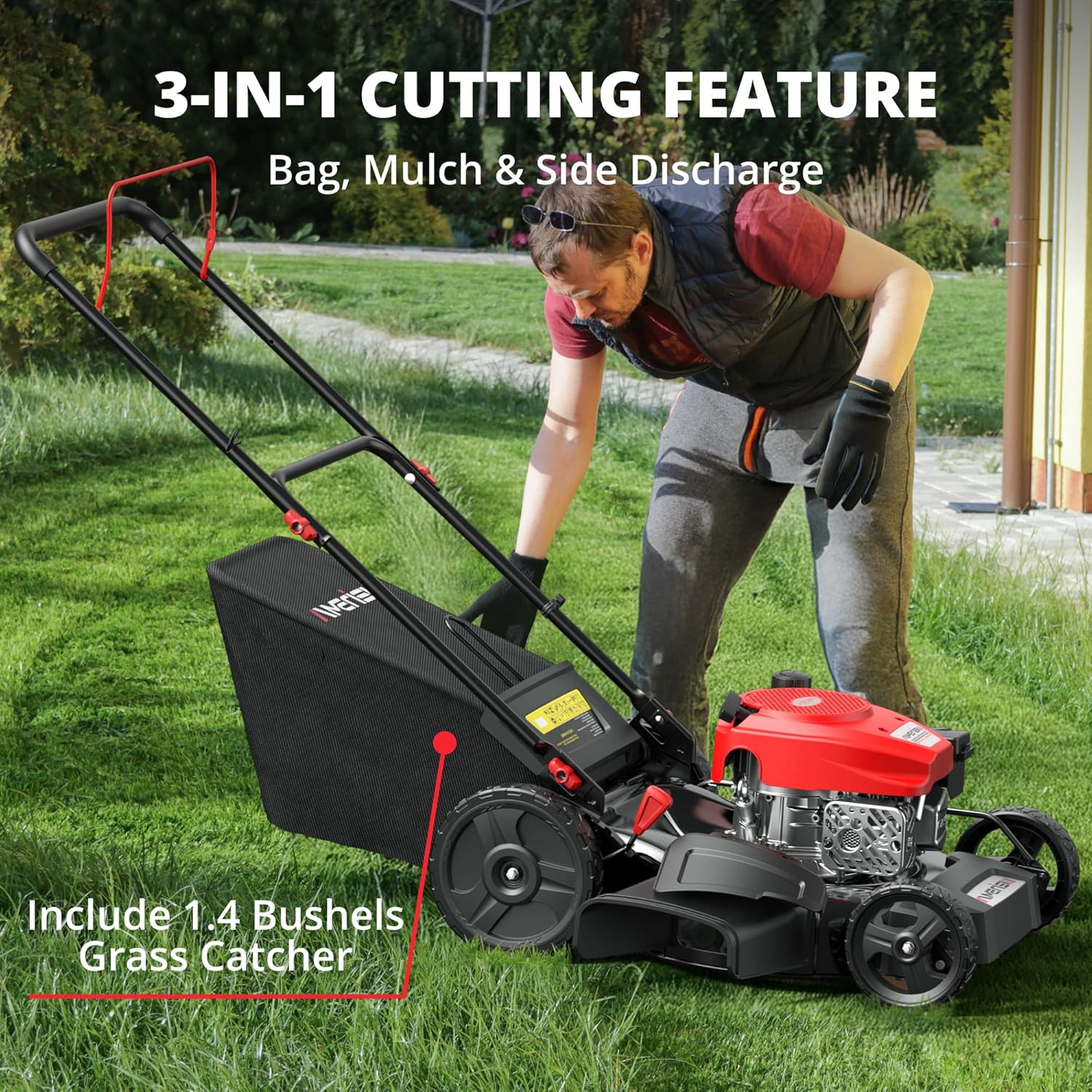 21-Inch 3-in-1 Gas Push Lawn Mower with 144cc 4-Stroke OHV Engine, 6-Position Adjustable Cutting Height, Large 1.4 Bushel Grass Catcher, Side Discharge & Mulching, Lightweight Easy Storage - 2