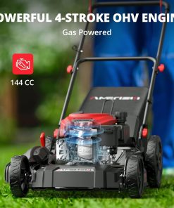 21-Inch 3-in-1 Gas Push Lawn Mower with 144cc 4-Stroke OHV Engine, 6-Position Adjustable Cutting Height, Large 1.4 Bushel Grass Catcher, Side Discharge & Mulching, Lightweight Easy Storage - 4
