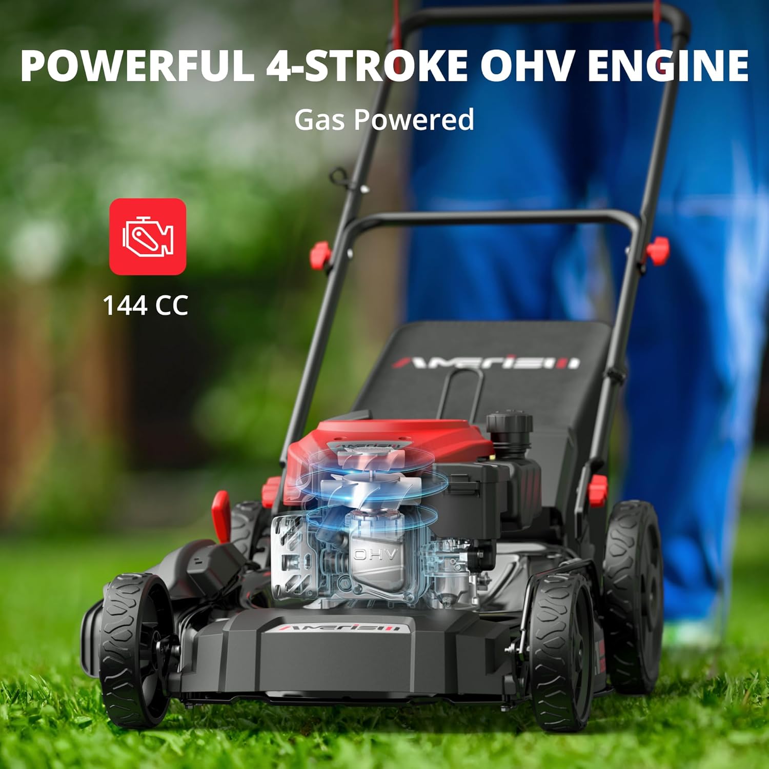 21-Inch 3-in-1 Gas Push Lawn Mower with 144cc 4-Stroke OHV Engine, 6-Position Adjustable Cutting Height, Large 1.4 Bushel Grass Catcher, Side Discharge & Mulching, Lightweight Easy Storage - 4