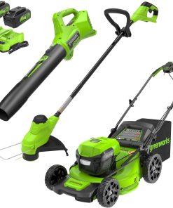Greenworks 48V (24V x 2) 21 Brushless Self-Propelled Mower+12 String Trimmer+320CFM Blower,(2) 5.0Ah Batteries and 4A Dual Port Charger - 1