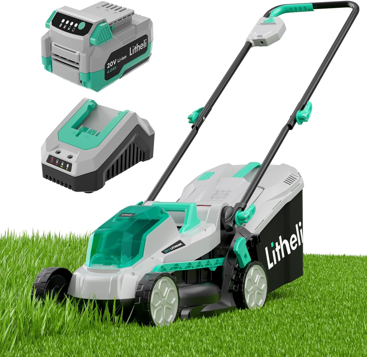 Litheli 13.1inch Electric Lawn Mower Cordless,Grass Cutter Machine for 1600 Sq.Ft.Lawnmower with Brushless Motor, 8 Gallon Capacity, Cutting Height from 1 to 2.5 in, Includes 1X4.0 Ah Battery - 1