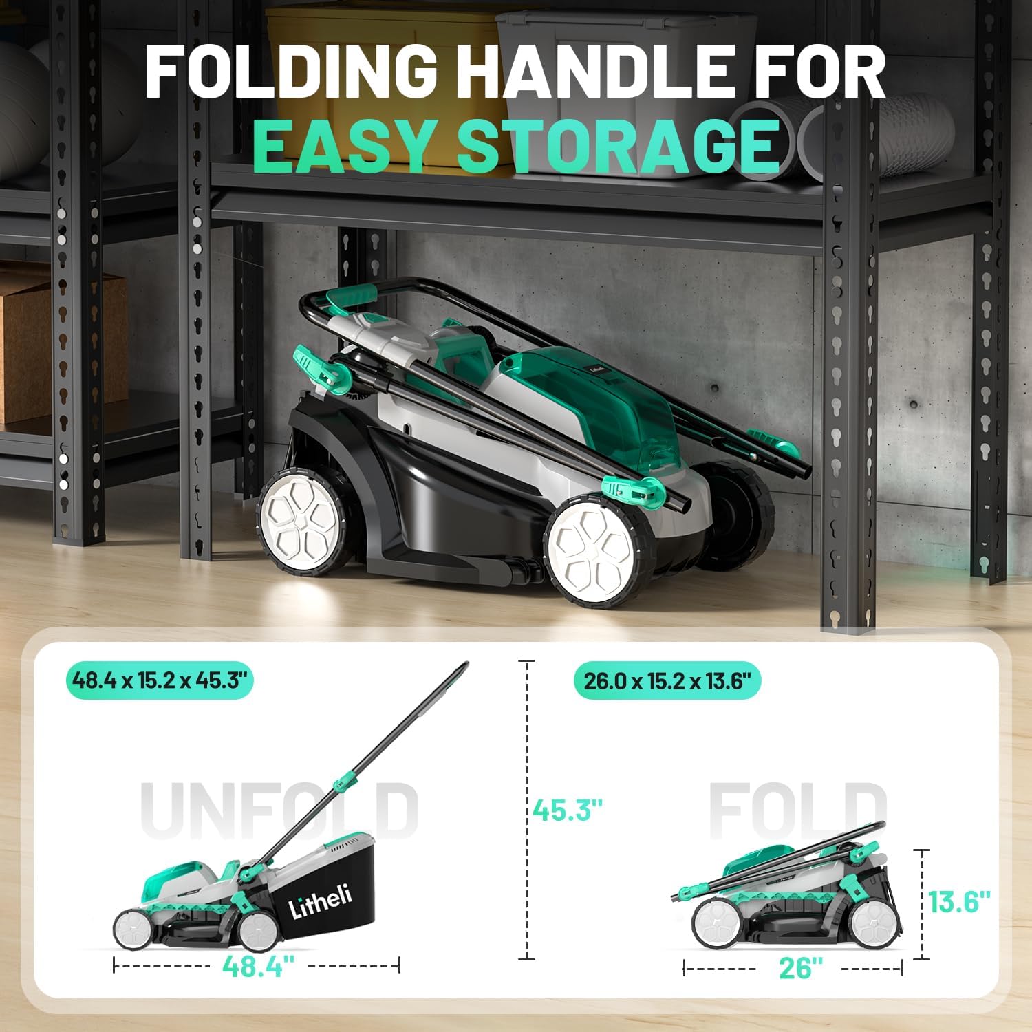 Litheli 13.1inch Electric Lawn Mower Cordless,Grass Cutter Machine for 1600 Sq.Ft.Lawnmower with Brushless Motor, 8 Gallon Capacity, Cutting Height from 1 to 2.5 in, Includes 1X4.0 Ah Battery - 4