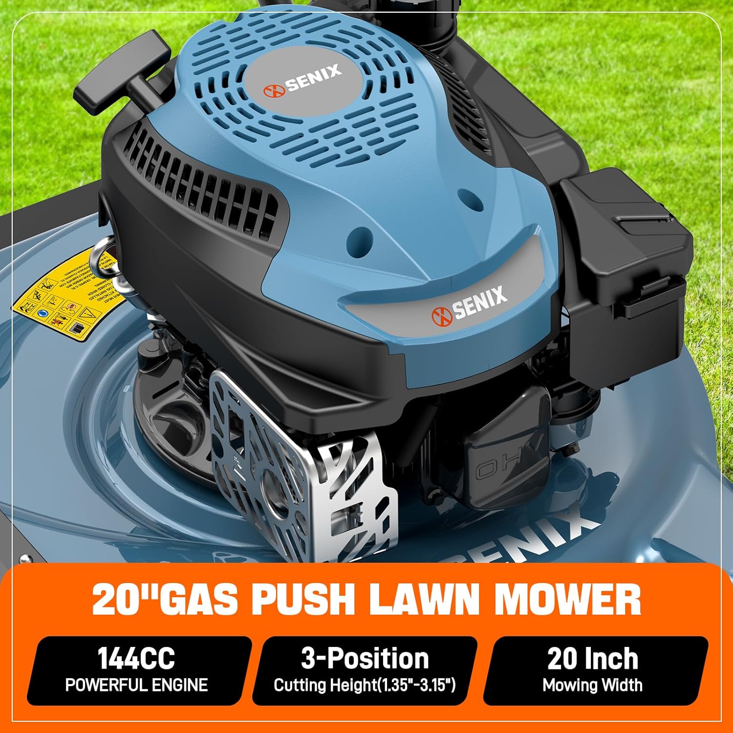 SENIX 20 Gas Lawn Mower, 144 cc Gas Powered Lawnmower, 4-Cycle Engine Walk-Behind Push Lawn Mowers, 3 Position Height Adjustment for Yard and Garden, cortadora de pasto - 3