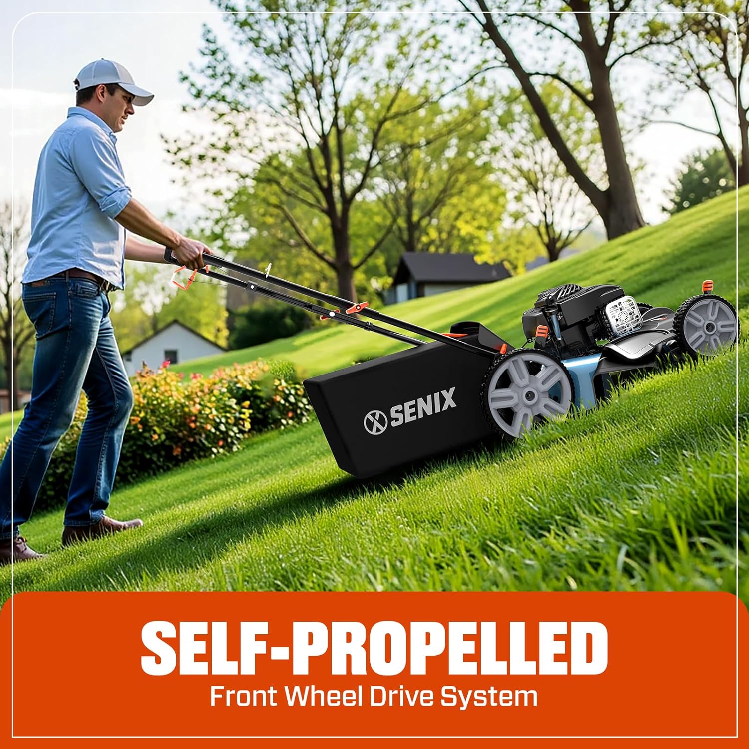 SENIX LSSG-M9 21-inch Gas Self-Propelled Lawn Mower - 140 cc 4-Cycle Briggs & Stratton Engine, Bagging, Mulching, and Side Discharge, 6-Position Lever Height Adjustment - 2