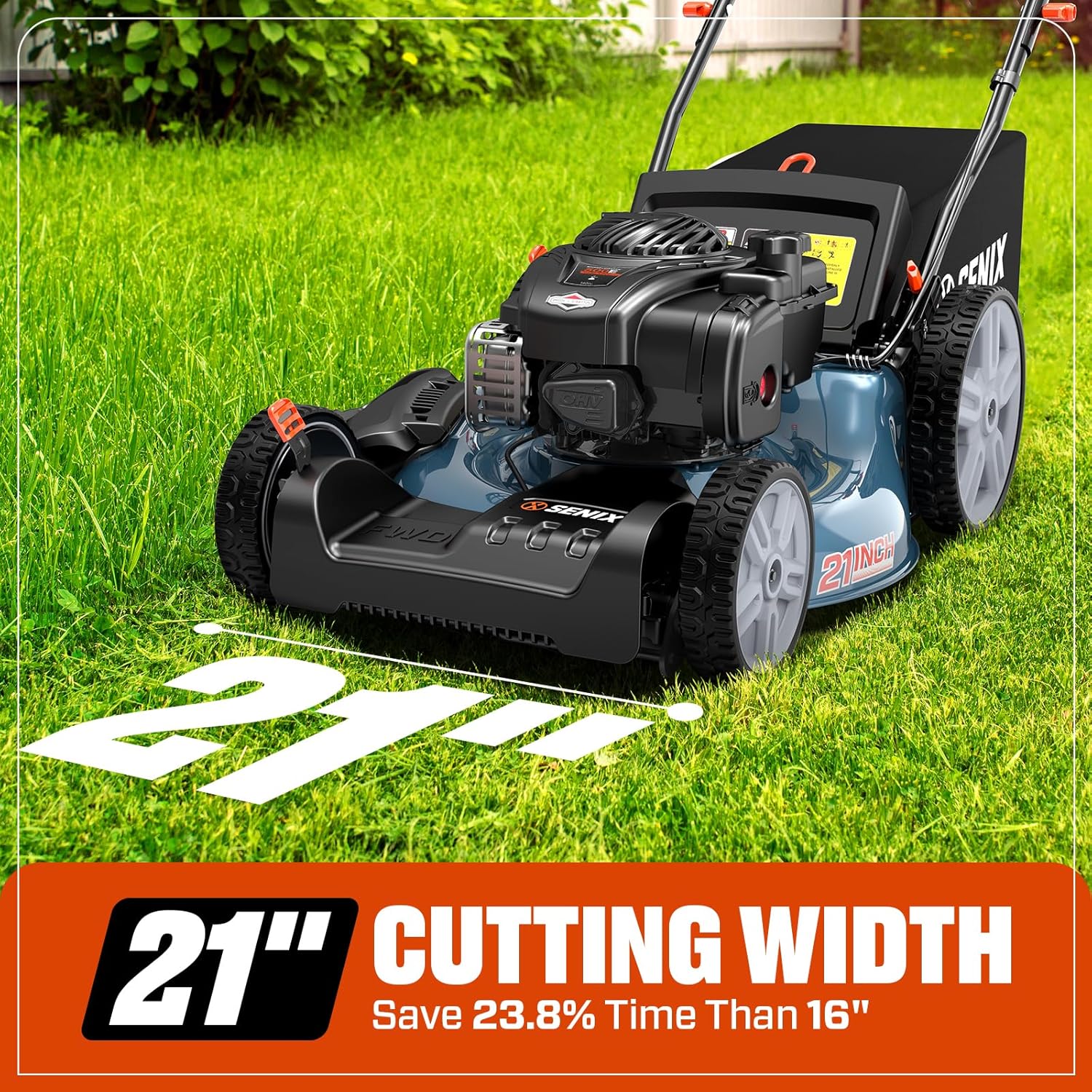 SENIX LSSG-M9 21-inch Gas Self-Propelled Lawn Mower - 140 cc 4-Cycle Briggs & Stratton Engine, Bagging, Mulching, and Side Discharge, 6-Position Lever Height Adjustment - 3