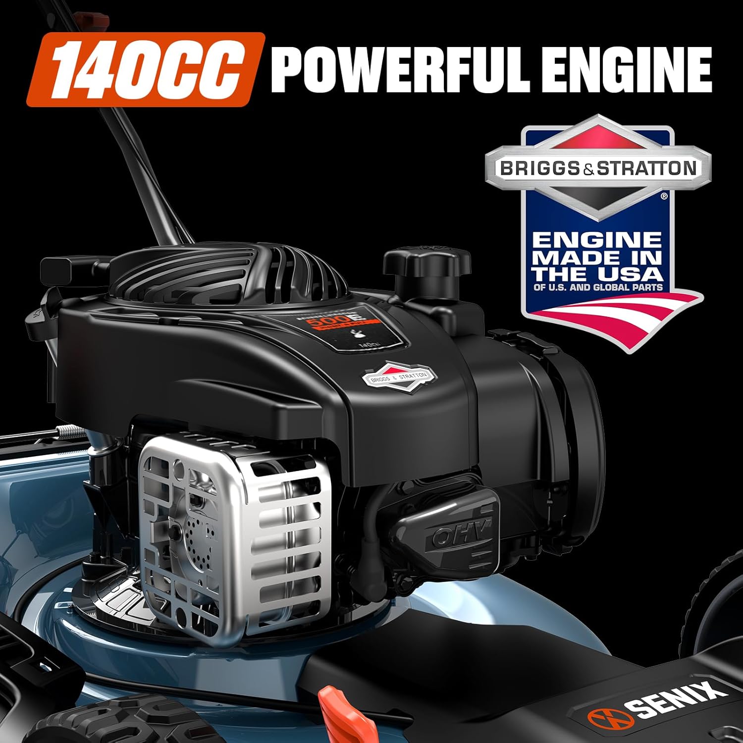 SENIX LSSG-M9 21-inch Gas Self-Propelled Lawn Mower - 140 cc 4-Cycle Briggs & Stratton Engine, Bagging, Mulching, and Side Discharge, 6-Position Lever Height Adjustment - 4