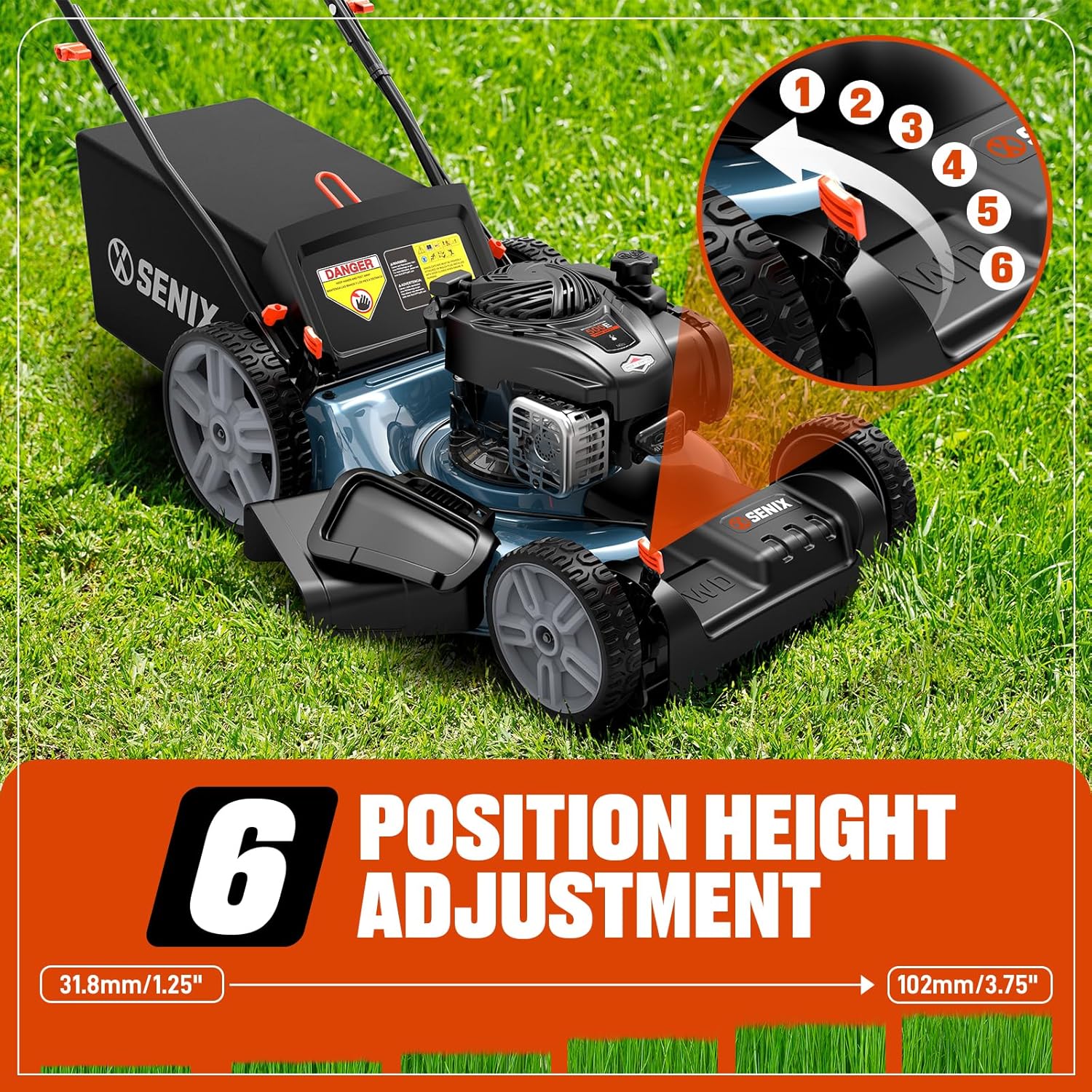 SENIX LSSG-M9 21-inch Gas Self-Propelled Lawn Mower - 140 cc 4-Cycle Briggs & Stratton Engine, Bagging, Mulching, and Side Discharge, 6-Position Lever Height Adjustment - 6