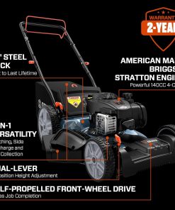 SENIX LSSG-M9 21-inch Gas Self-Propelled Lawn Mower - 140 cc 4-Cycle Briggs & Stratton Engine, Bagging, Mulching, and Side Discharge, 6-Position Lever Height Adjustment - 7