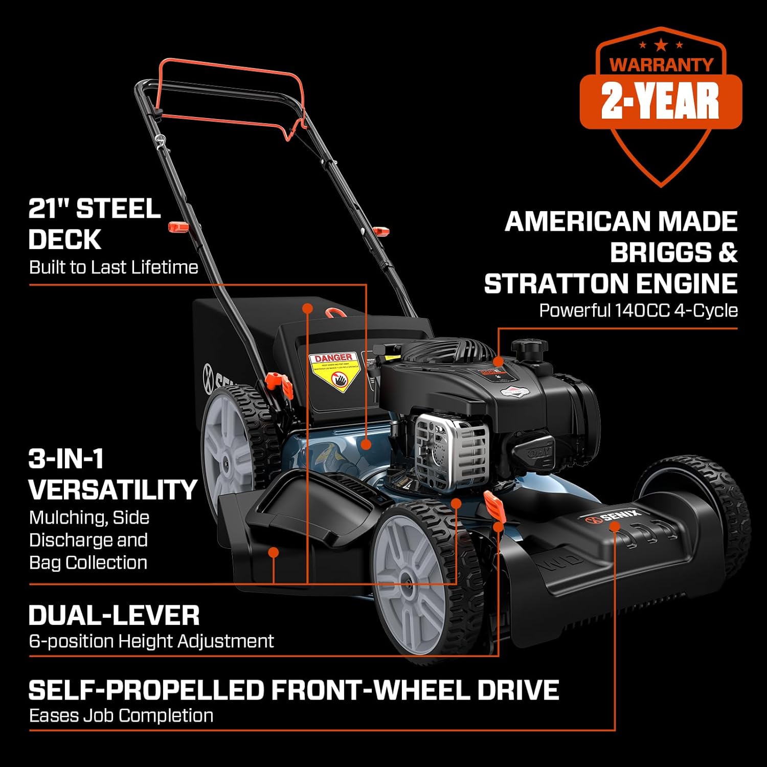 SENIX LSSG-M9 21-inch Gas Self-Propelled Lawn Mower - 140 cc 4-Cycle Briggs & Stratton Engine, Bagging, Mulching, and Side Discharge, 6-Position Lever Height Adjustment - 7