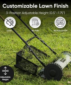 16 Push Reel Lawn Mower with Grass Catcher – Manual 5-Blade Hand Mower, Adjustable 3-Position Cutting Height, Lightweight & Eco-Friendly - 2