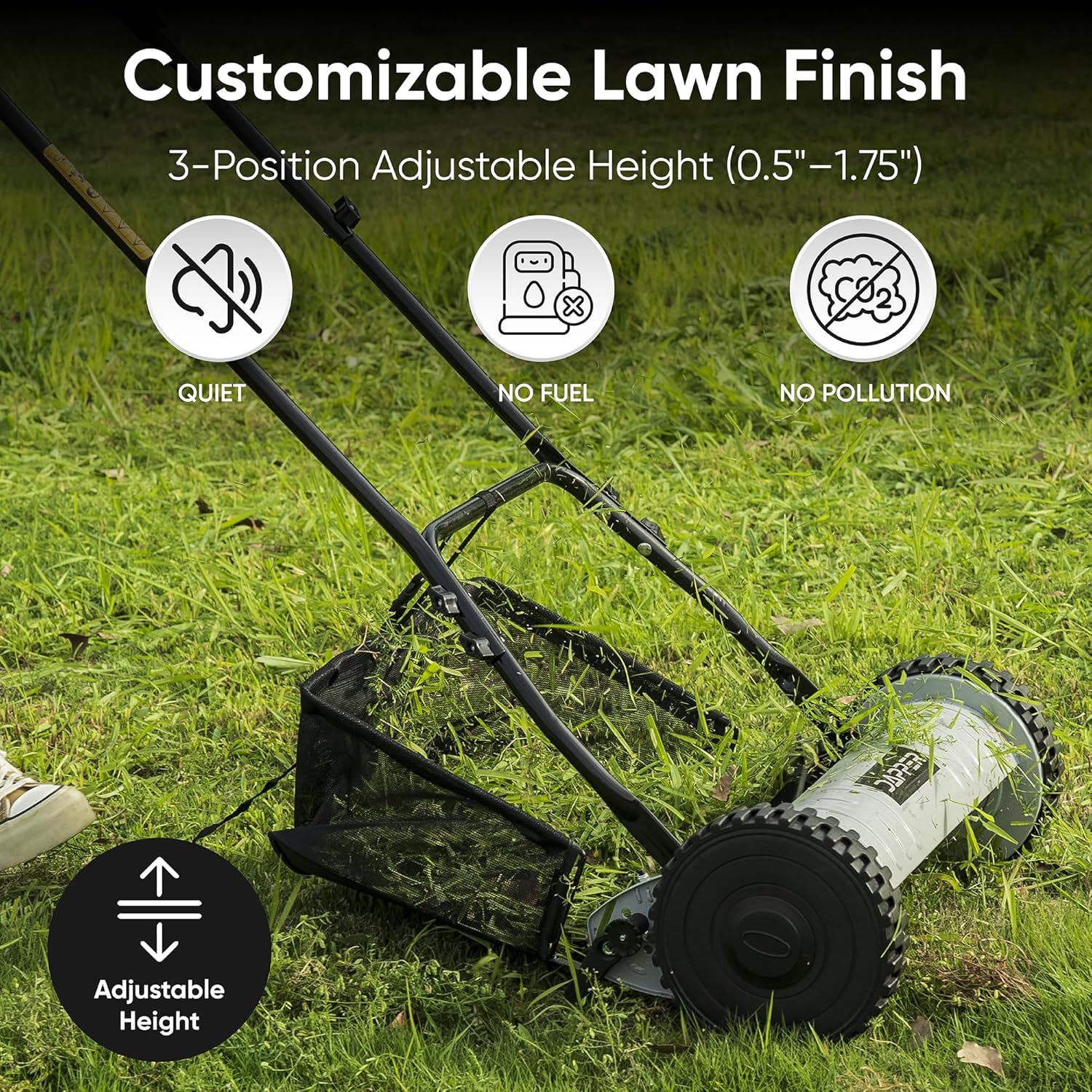 16 Push Reel Lawn Mower with Grass Catcher – Manual 5-Blade Hand Mower, Adjustable 3-Position Cutting Height, Lightweight & Eco-Friendly - 2