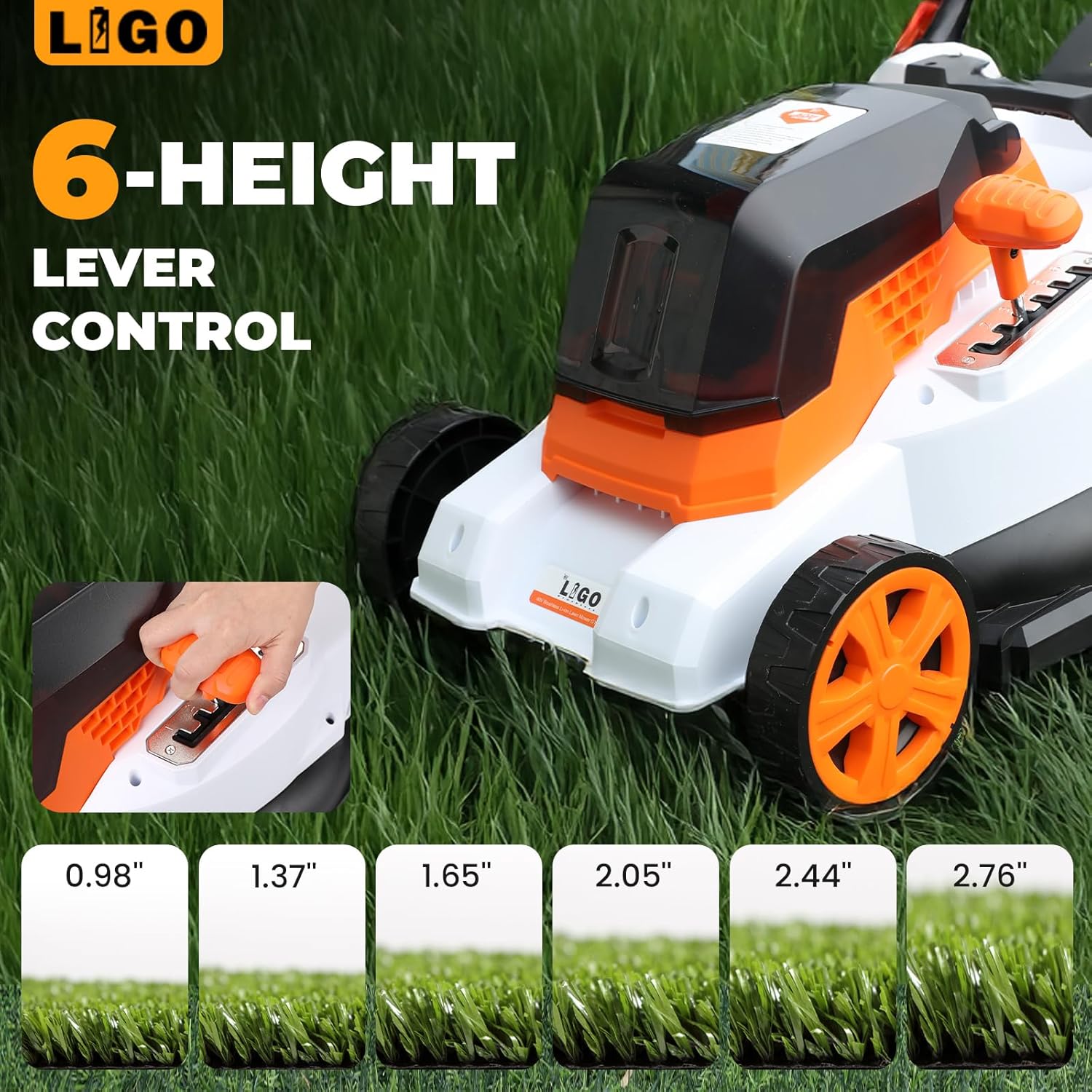 LIGO 40V Cordless Lawn Mower w-11Gal Bag & 2X4.0Ah Battery - 15 Brushless Motor, 6-Position Height - Walk-Behind Grass Catcher w-Patented Comb - 2
