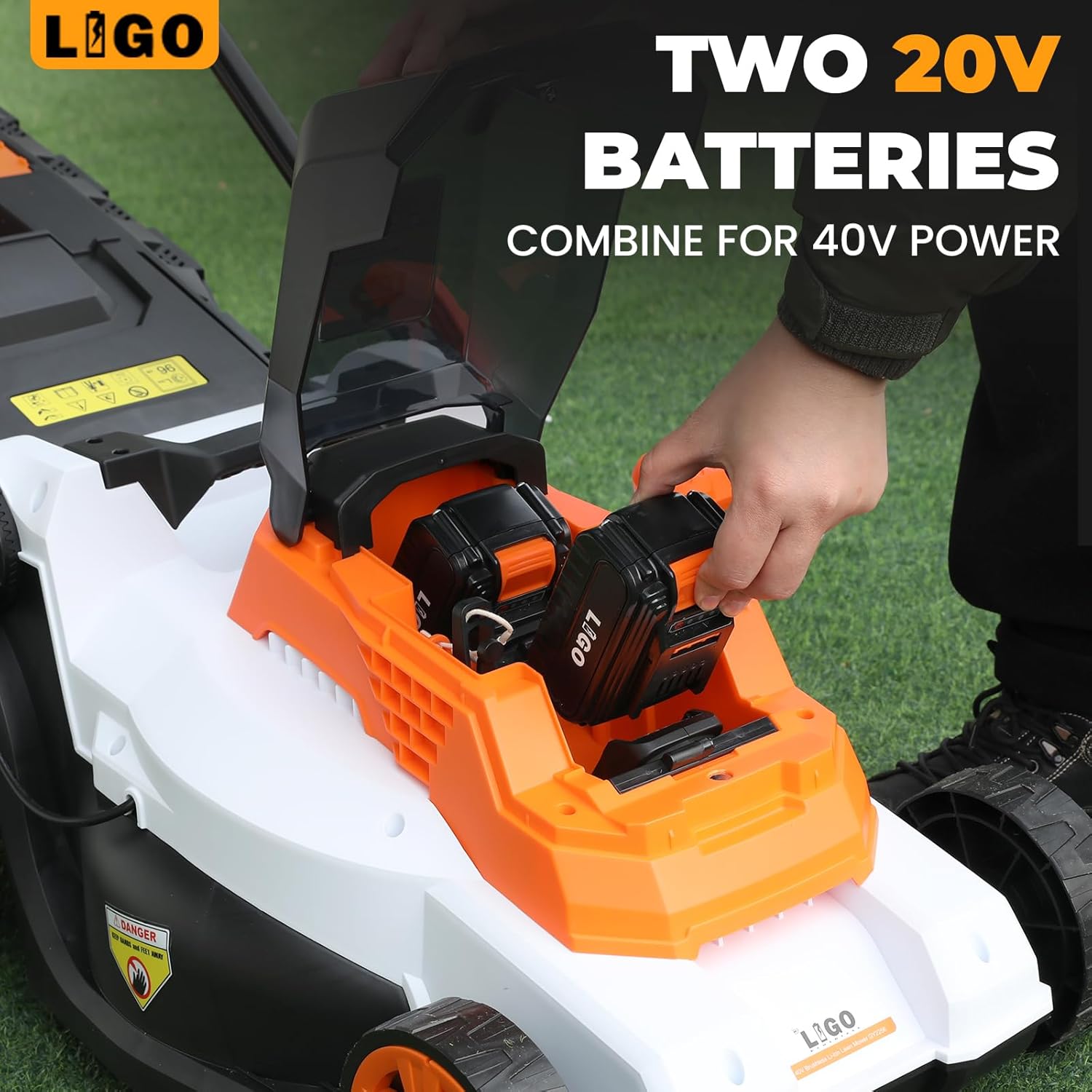 LIGO 40V Cordless Lawn Mower w-11Gal Bag & 2X4.0Ah Battery - 15 Brushless Motor, 6-Position Height - Walk-Behind Grass Catcher w-Patented Comb - 5