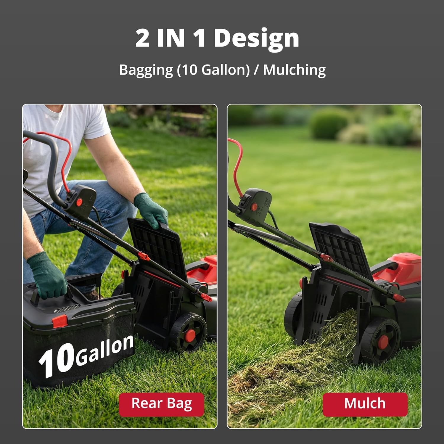 14-Inch 2IN1 Electric Lawn Mower, 12.5 Amp 1500W Corded Push Mower with 6-Position Height Adjustment, 10-Gallon Grass Catcher & Mulching Kit, Lightweight Lawn Mower for Small to Medium Yards - 4