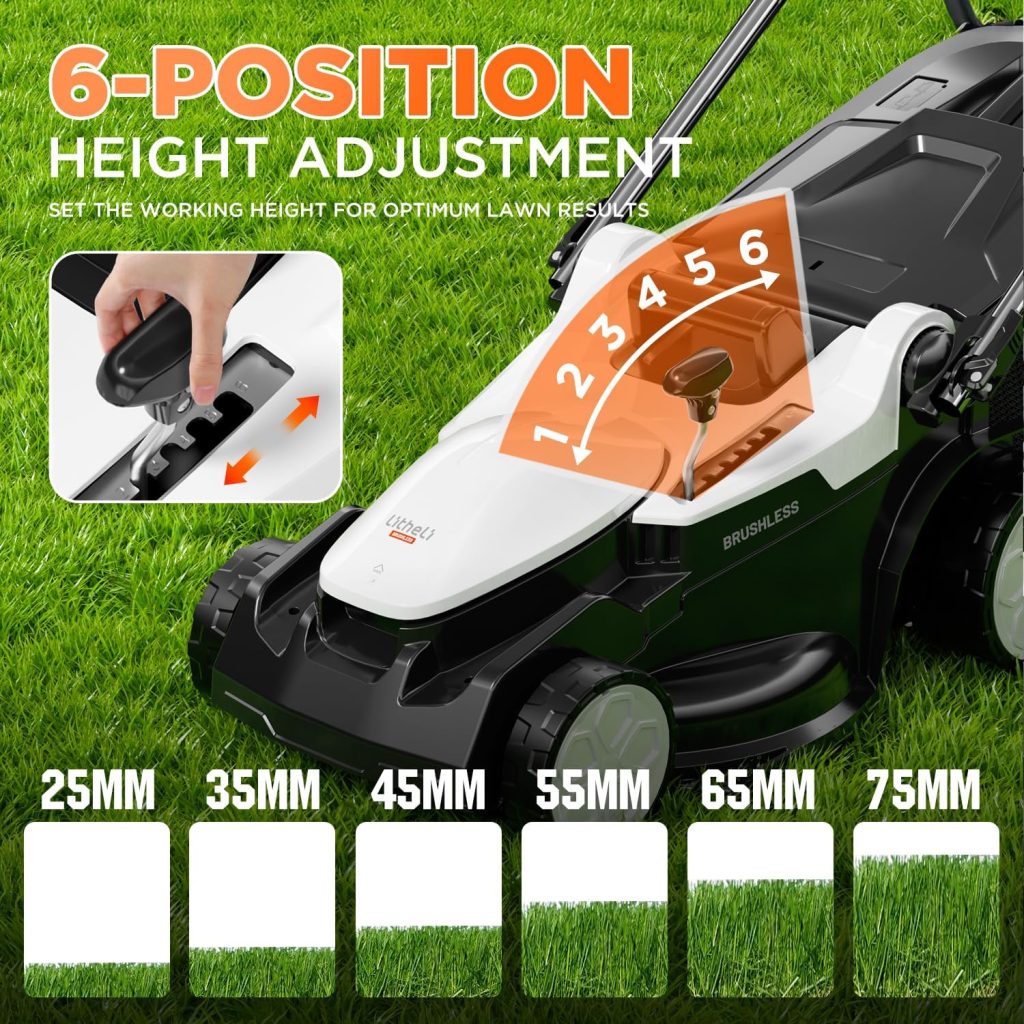 Litheli 40V 16 Electric Lawn Mower Cordless, Brushless Lawnmower with 6-Height Adjust, Portable & Lightweight Push Battery Powered Lawn Mower - 4