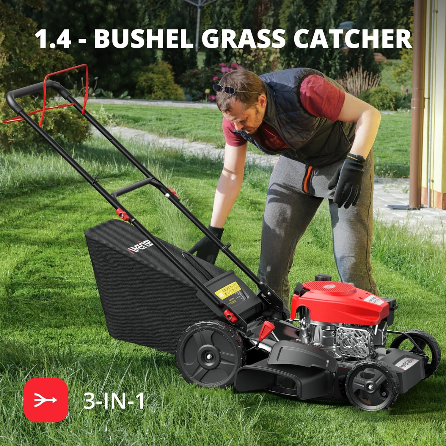 21-Inch Gas Lawn Mower Self Propelled with 170cc OHV Engine, 3-in-1 Cutting System, 6-Level Height Adjustment, 1.4-Bushel Grass Catcher, Foldable Handle for Easy Storage - 4