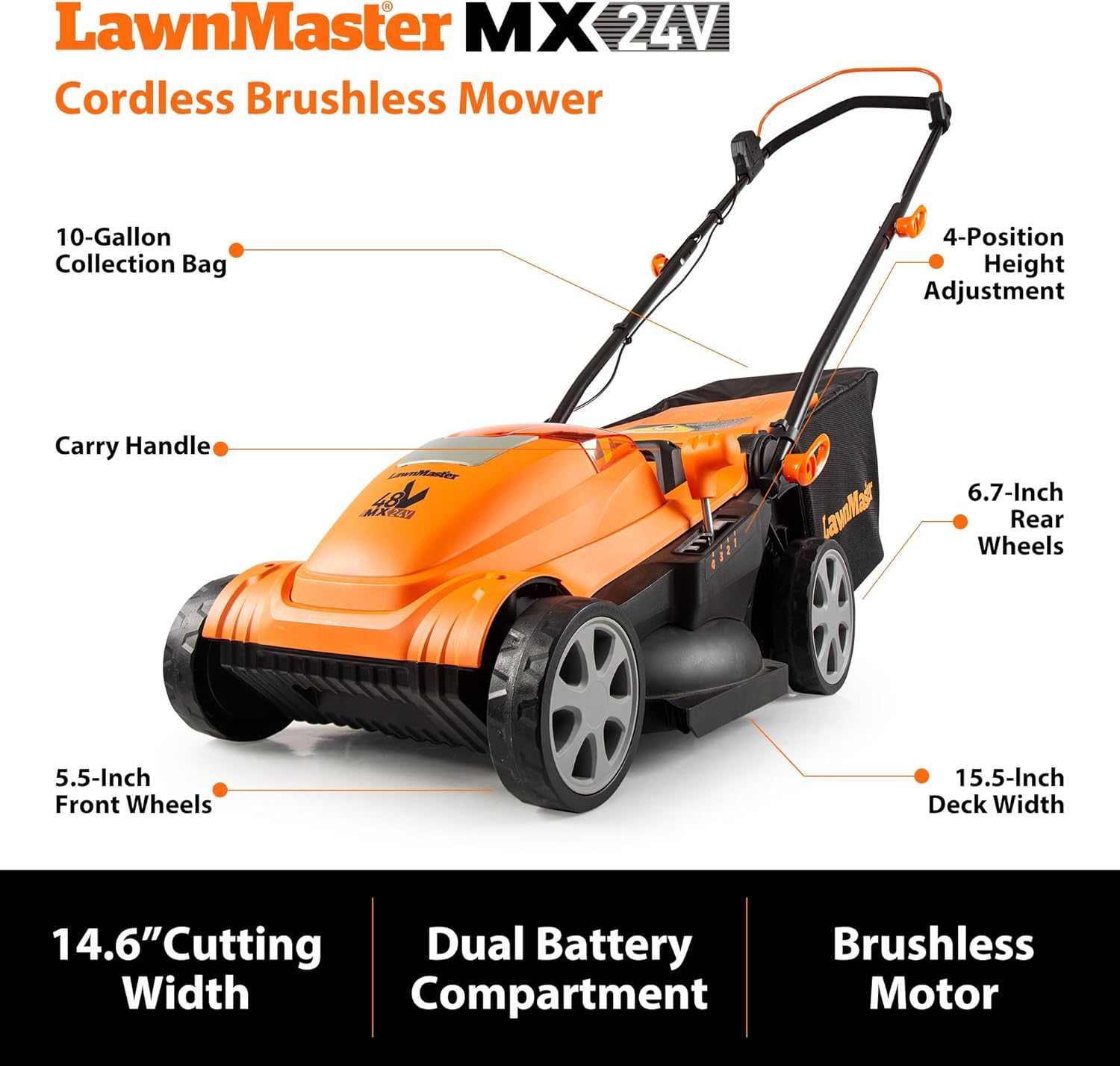 LawnMaster Lawn Mower, Brushless Cordless Lawn Mower 48V MAX 15-inch with 2X24V MAX 4.0Ah Battery and a Dual Charger-CLMF4815E - 5