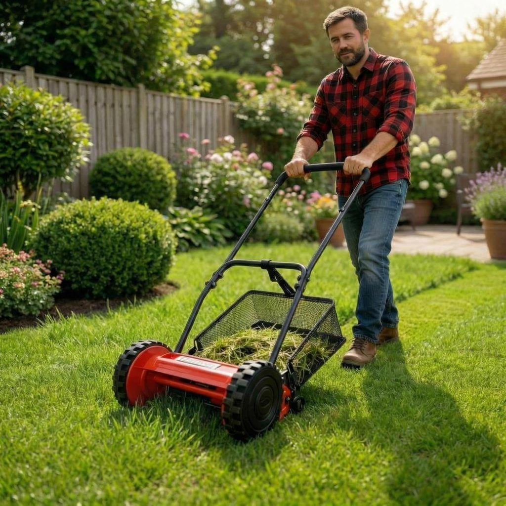 Push Reel Lawn Mower 14-Inch 5-Blade, Cordless Manual Reel Lawn Mower with Grass Catcher Bag, 4-Position Cutting Height Adjustment - 5