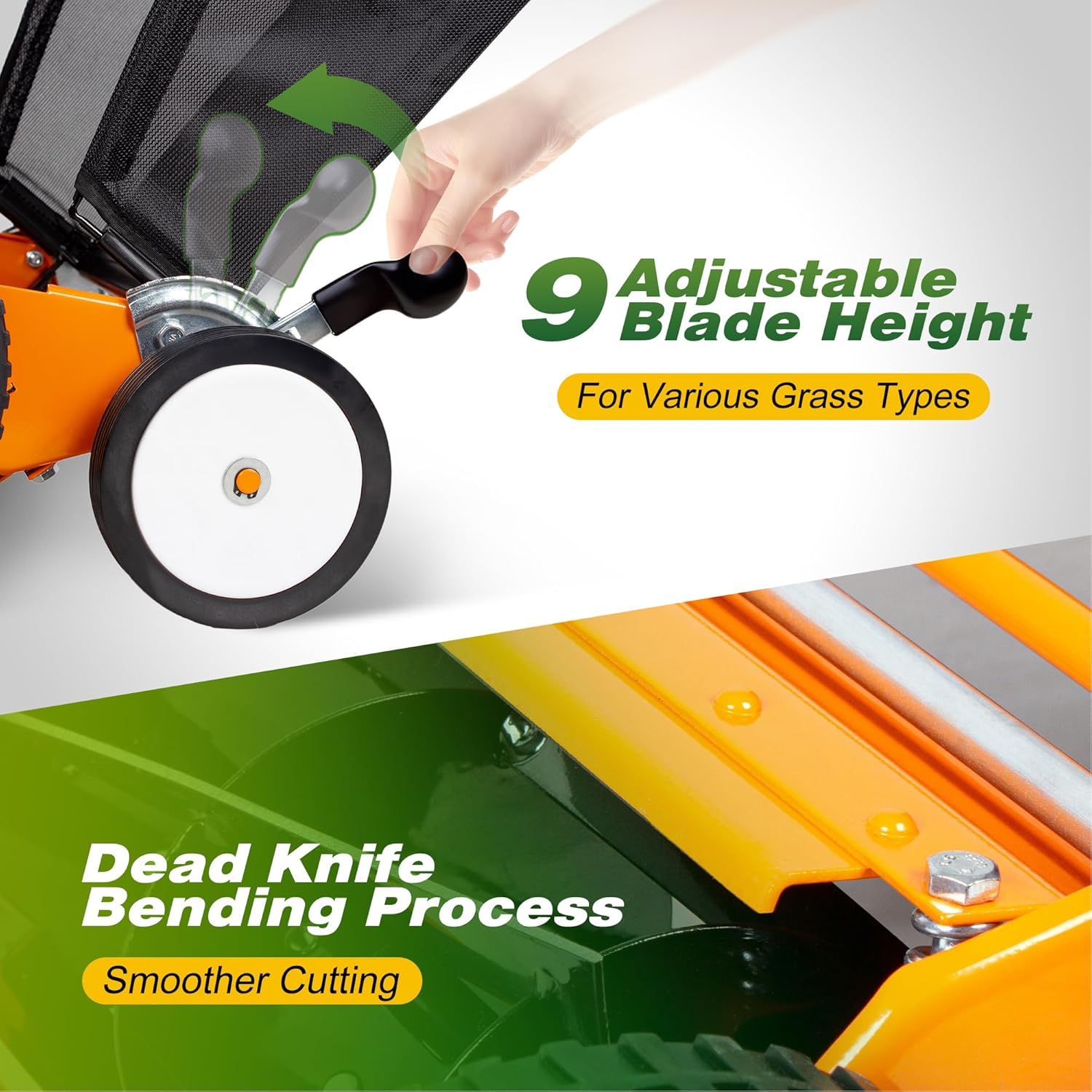 Walensee 18-Inch 5-Blade Push Reel Lawn Mower, Cordless Manual Reel Lawn Mower Walk-Behind Steel Lawn Mowers with Removable 10-Gallon Grass Catcher, Sponge Grip, 9-Position Cutting Height - 3