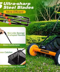 Walensee 18-Inch 5-Blade Push Reel Lawn Mower, Cordless Manual Reel Lawn Mower Walk-Behind Steel Lawn Mowers with Removable 10-Gallon Grass Catcher, Sponge Grip, 9-Position Cutting Height - 4