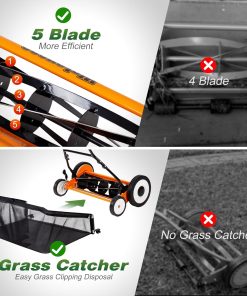 Walensee 18-Inch 5-Blade Push Reel Lawn Mower, Cordless Manual Reel Lawn Mower Walk-Behind Steel Lawn Mowers with Removable 10-Gallon Grass Catcher, Sponge Grip, 9-Position Cutting Height - 5