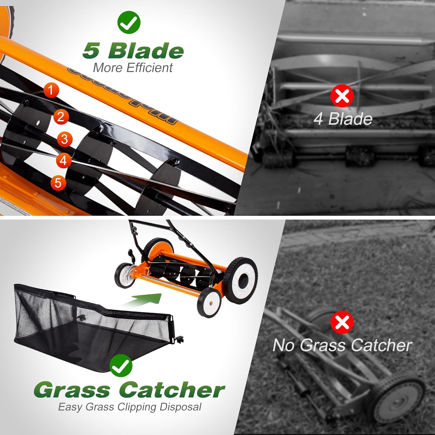 Walensee 18-Inch 5-Blade Push Reel Lawn Mower, Cordless Manual Reel Lawn Mower Walk-Behind Steel Lawn Mowers with Removable 10-Gallon Grass Catcher, Sponge Grip, 9-Position Cutting Height - 5