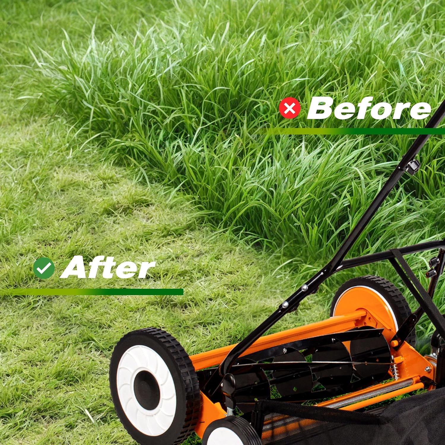 Walensee 18-Inch 5-Blade Push Reel Lawn Mower, Cordless Manual Reel Lawn Mower Walk-Behind Steel Lawn Mowers with Removable 10-Gallon Grass Catcher, Sponge Grip, 9-Position Cutting Height - 6