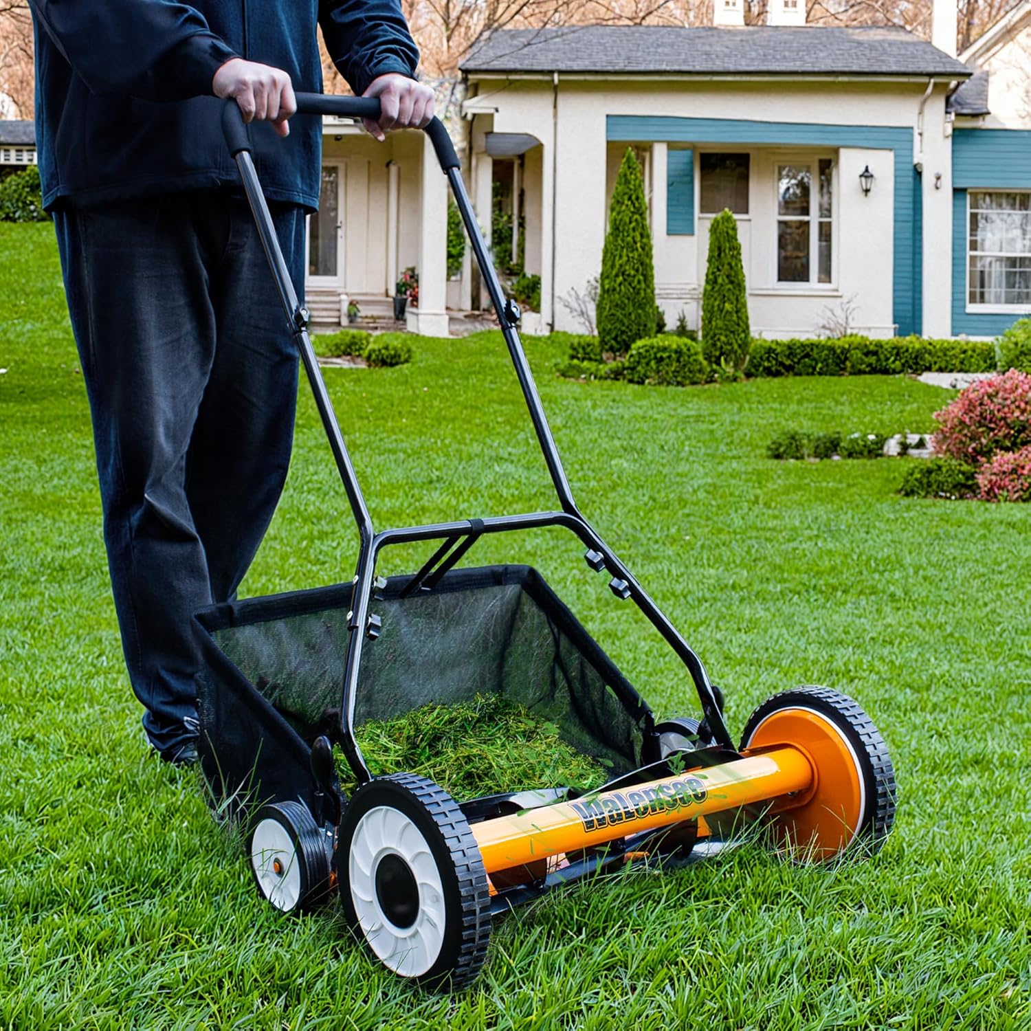 Walensee 18-Inch 5-Blade Push Reel Lawn Mower, Cordless Manual Reel Lawn Mower Walk-Behind Steel Lawn Mowers with Removable 10-Gallon Grass Catcher, Sponge Grip, 9-Position Cutting Height - 7