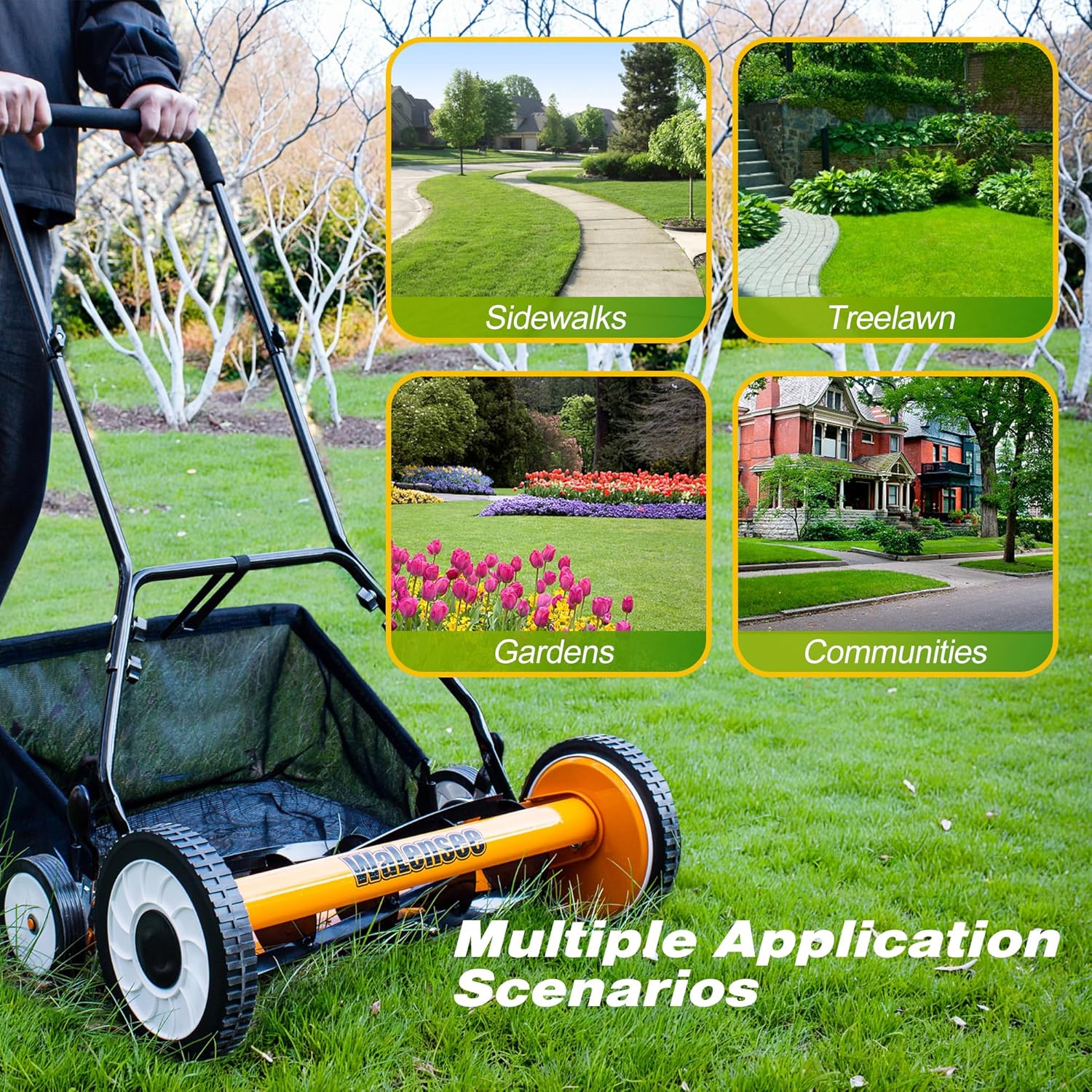 Walensee 18-Inch 5-Blade Push Reel Lawn Mower, Cordless Manual Reel Lawn Mower Walk-Behind Steel Lawn Mowers with Removable 10-Gallon Grass Catcher, Sponge Grip, 9-Position Cutting Height - 8