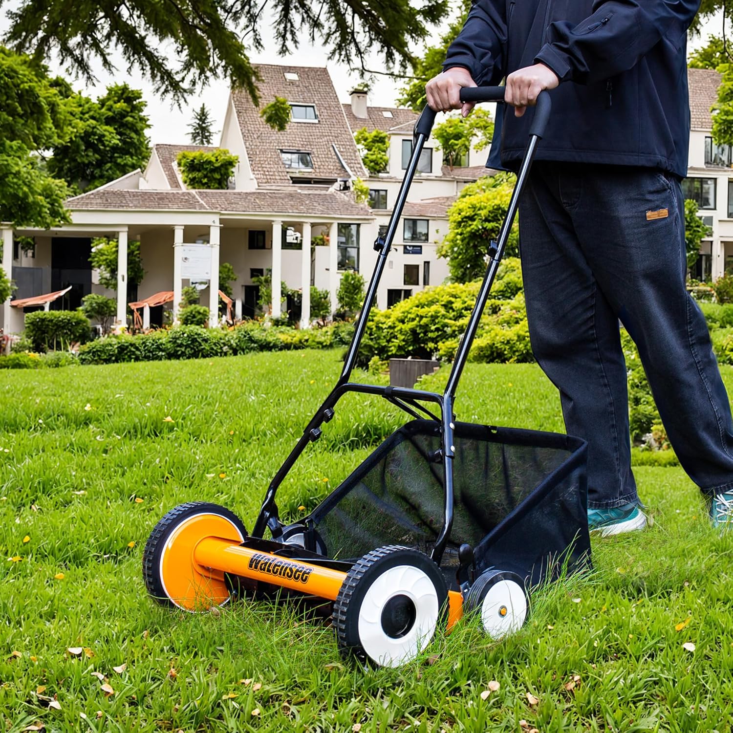 Walensee 18-Inch 5-Blade Push Reel Lawn Mower, Cordless Manual Reel Lawn Mower Walk-Behind Steel Lawn Mowers with Removable 10-Gallon Grass Catcher, Sponge Grip, 9-Position Cutting Height - 9