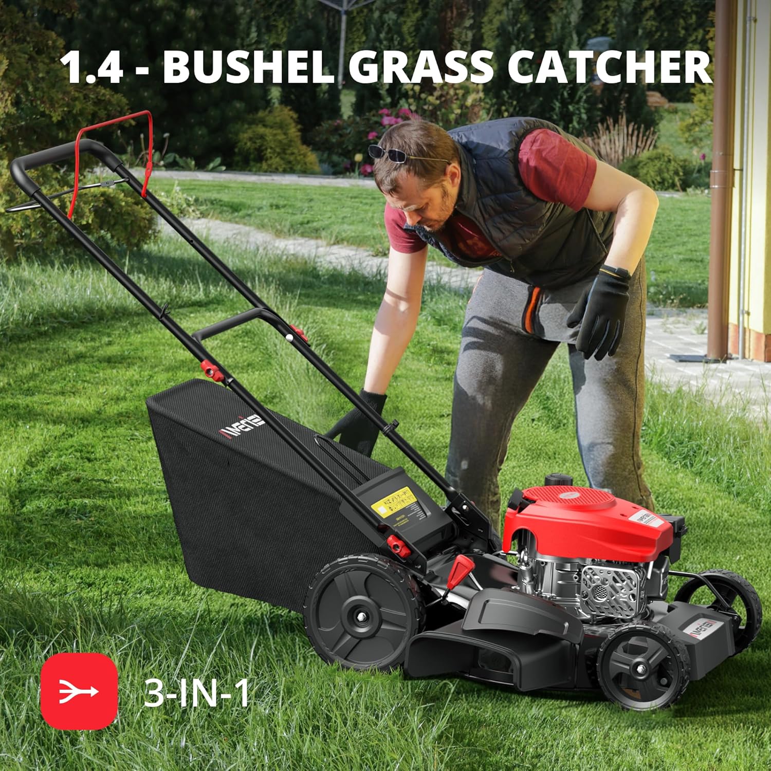 Amerisun 21 Self-Propelled Gas Lawn Mower, 170cc OHV Engine with Forced Air-Cooling, 3-in-1 System, Steel Deck, 6-Position Height Adjustment, Foldable Handle - 3