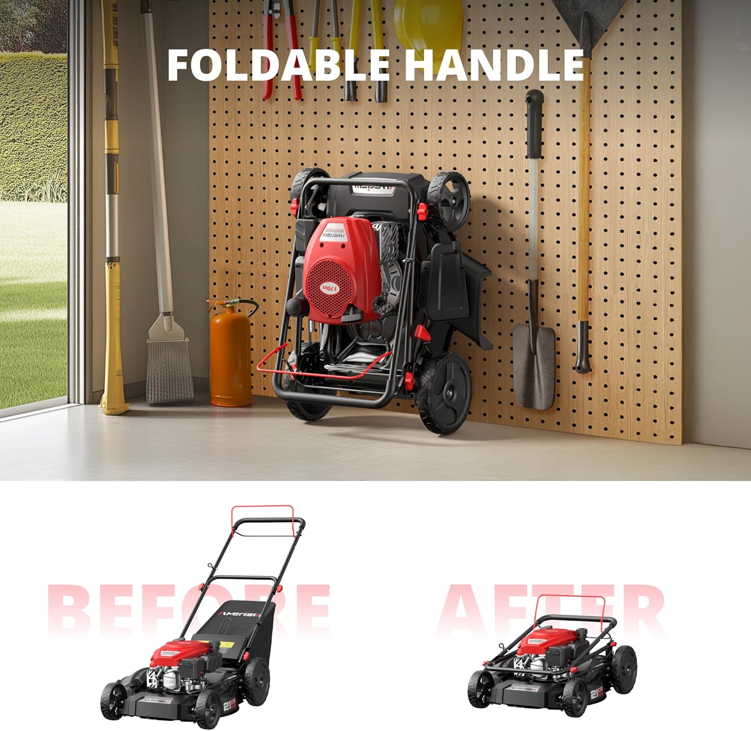 Amerisun 21 Self-Propelled Gas Lawn Mower, 170cc OHV Engine with Forced Air-Cooling, 3-in-1 System, Steel Deck, 6-Position Height Adjustment, Foldable Handle - 6