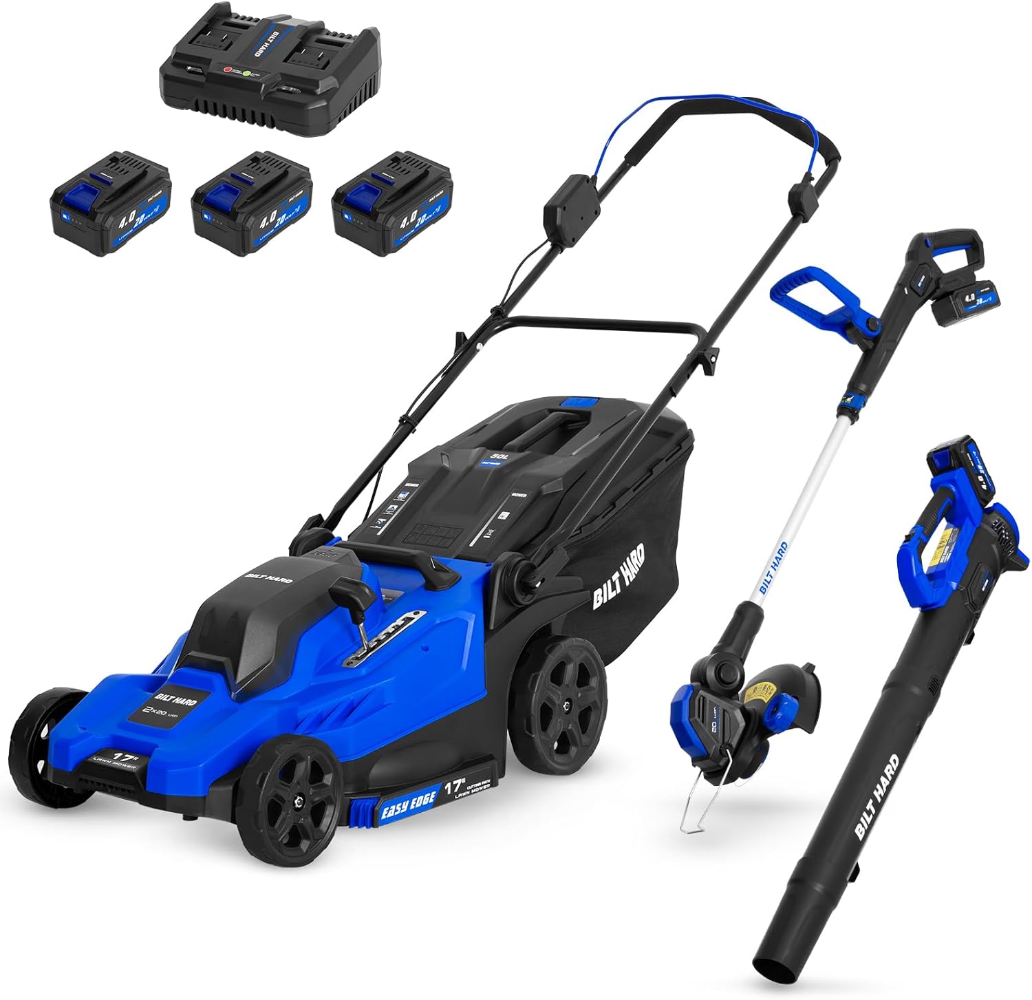 BILT HARD 17 40V Cordless Push Lawn Mower, 12 String Trimmer and Leaf Blower Combo Set, Electric Lawn Mower Set with 3 x 4.0Ah Batteries and Dual Charger - 1