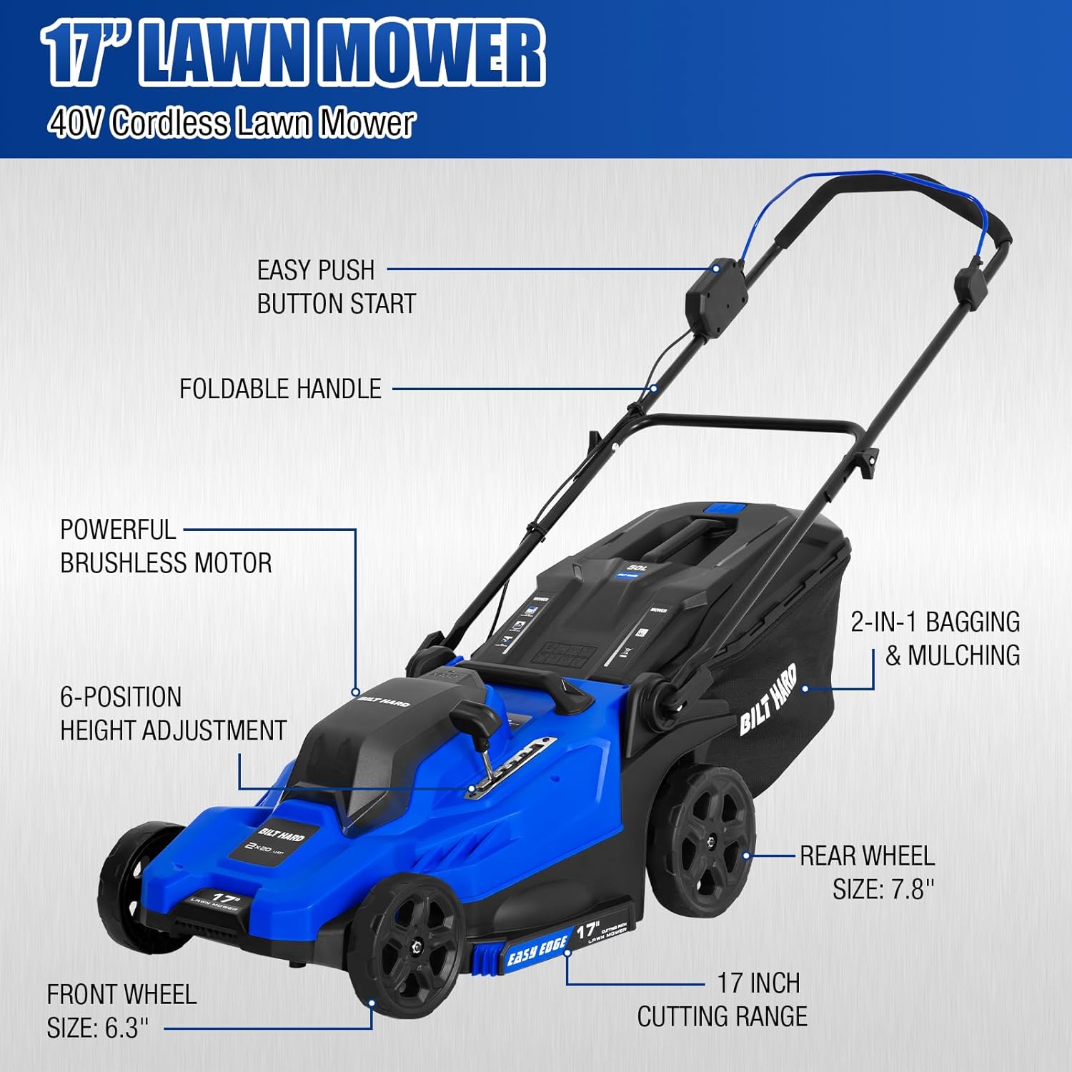 BILT HARD 17 40V Cordless Push Lawn Mower, 12 String Trimmer and Leaf Blower Combo Set, Electric Lawn Mower Set with 3 x 4.0Ah Batteries and Dual Charger - 6