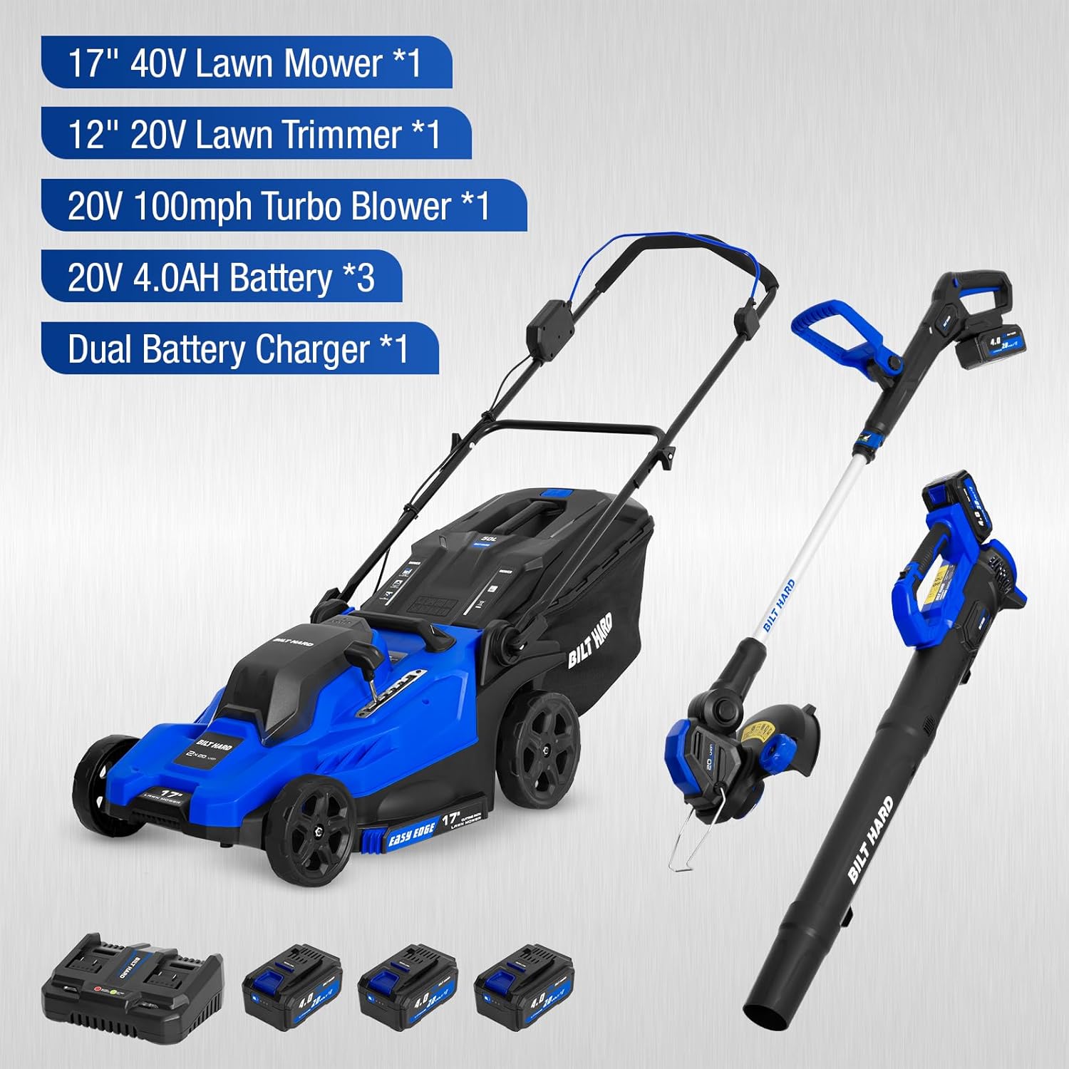 BILT HARD 17 40V Cordless Push Lawn Mower, 12 String Trimmer and Leaf Blower Combo Set, Electric Lawn Mower Set with 3 x 4.0Ah Batteries and Dual Charger - 7