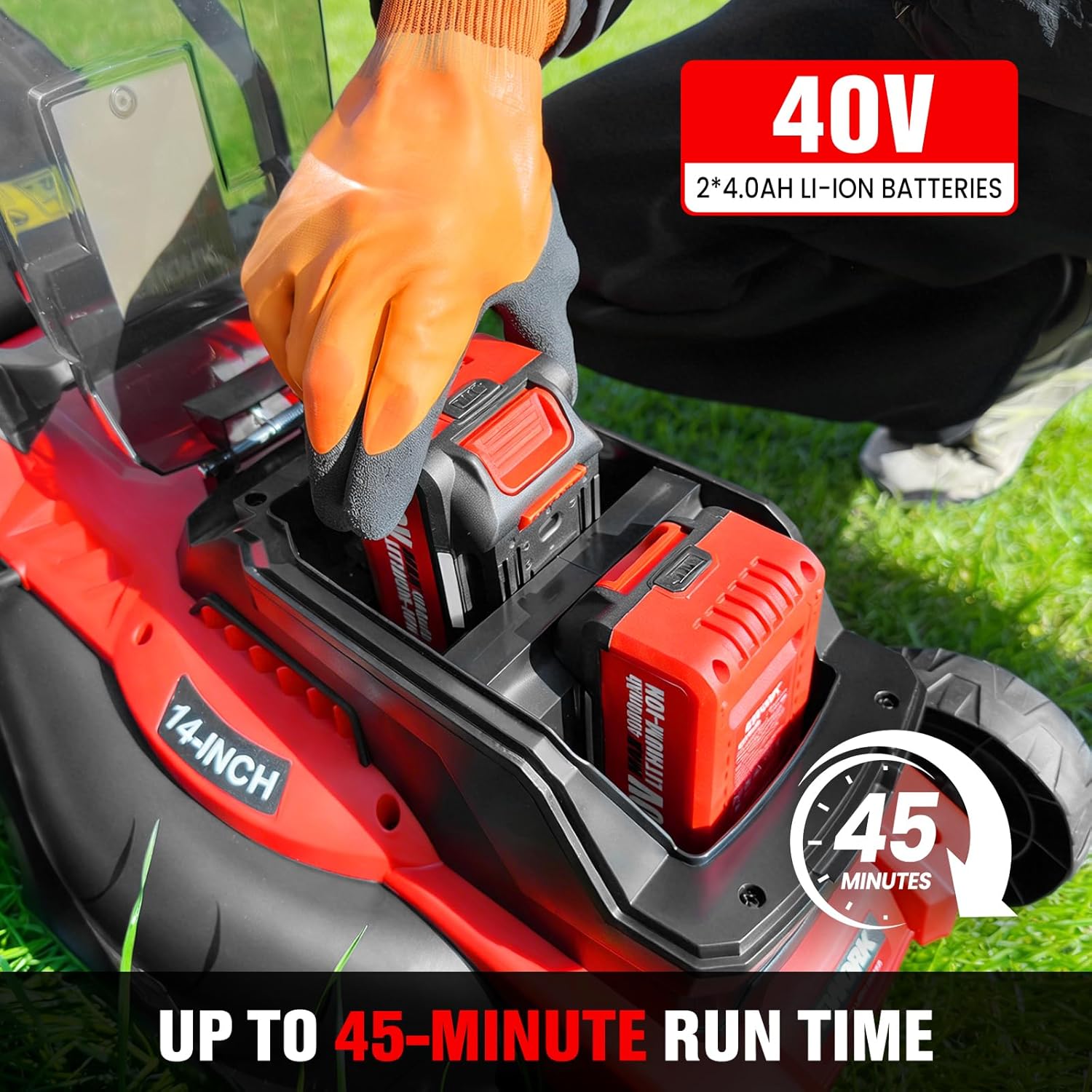 EWORK 40V Electric Lawn Mower Cordless, 14 Electric Push Mower with 2x4.0Ah Batteries & Charger, 3800RPM Motor, 6-Height Adjustment, 21Lbs Lightweight Battery Powered Lawnmower for Garden - 3