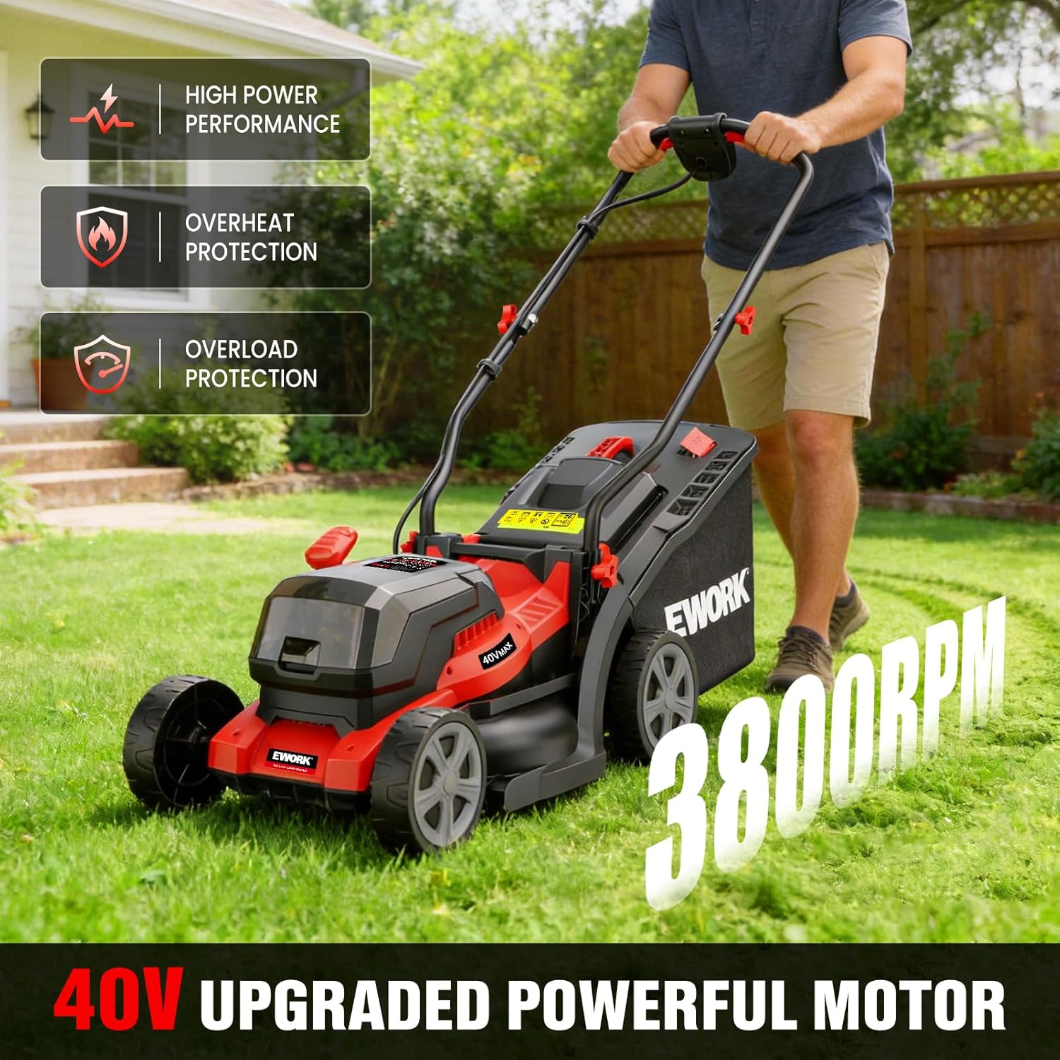 EWORK 40V Electric Lawn Mower Cordless, 14 Electric Push Mower with 2x4.0Ah Batteries & Charger, 3800RPM Motor, 6-Height Adjustment, 21Lbs Lightweight Battery Powered Lawnmower for Garden - 4
