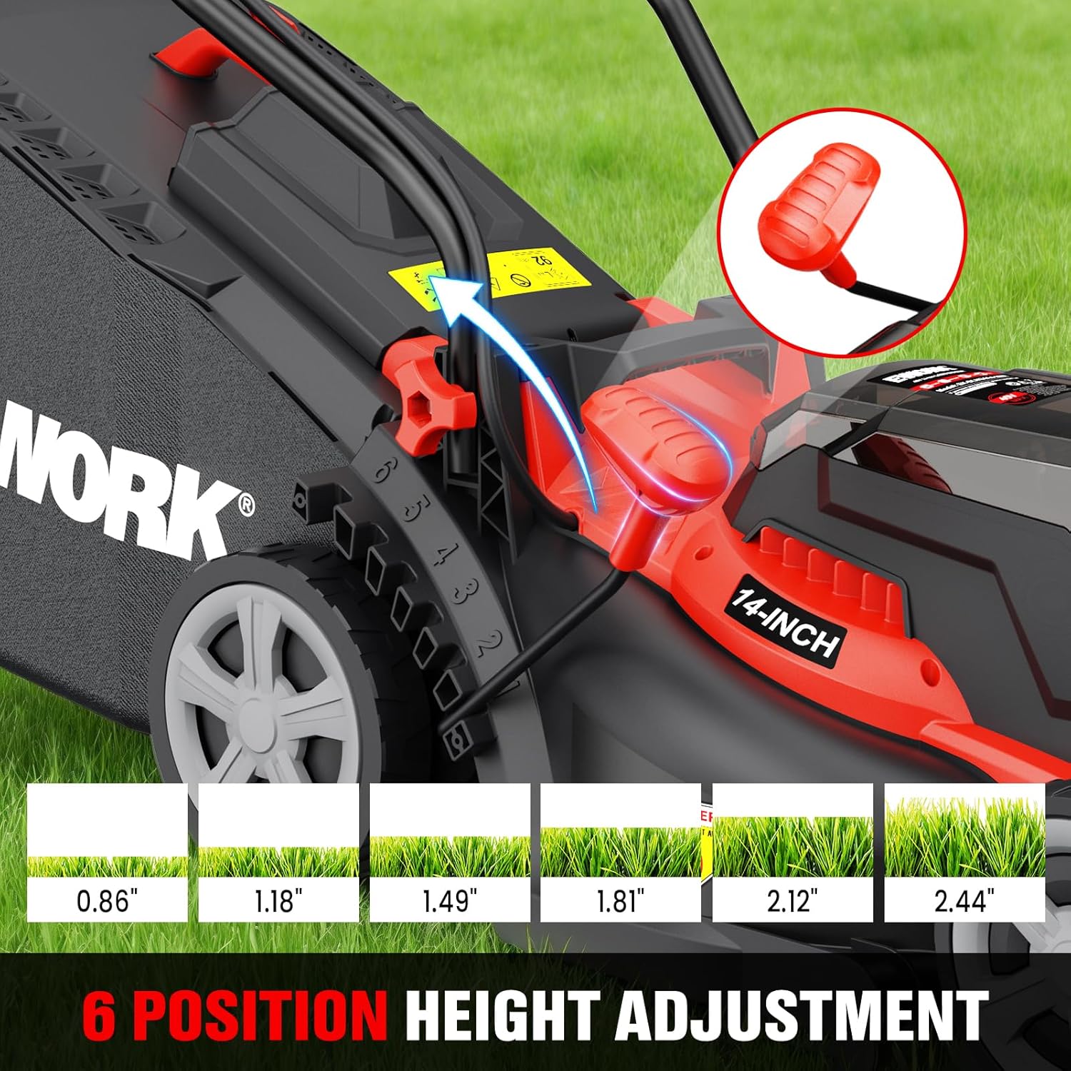 EWORK 40V Electric Lawn Mower Cordless, 14 Electric Push Mower with 2x4.0Ah Batteries & Charger, 3800RPM Motor, 6-Height Adjustment, 21Lbs Lightweight Battery Powered Lawnmower for Garden - 5