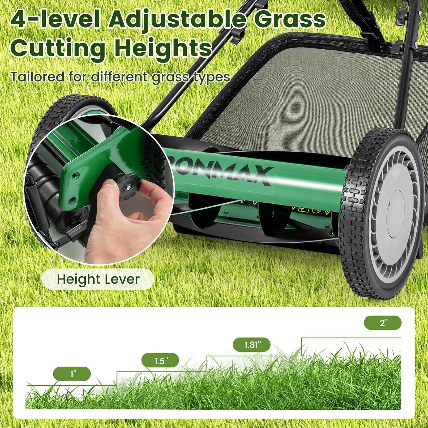 Goplus Manual Lawn Mower, 16 Inch 5-Blade Walk-Behind Cordless Grass Cutter with 7 Gallon Removable Grass Collect Bag, Adjustable Cutting Heights, Push Reel Lawn Mower for Yard, Garden - 2